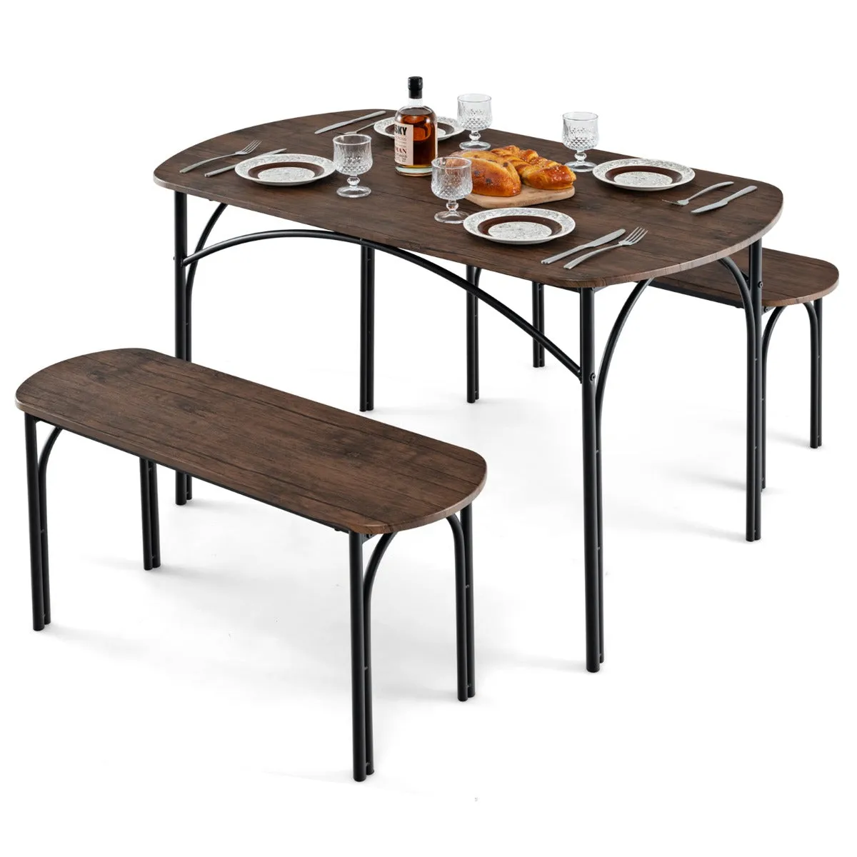 120cm Space Saving Kitchen table set with Wooden Table and 2 Benches-Brown