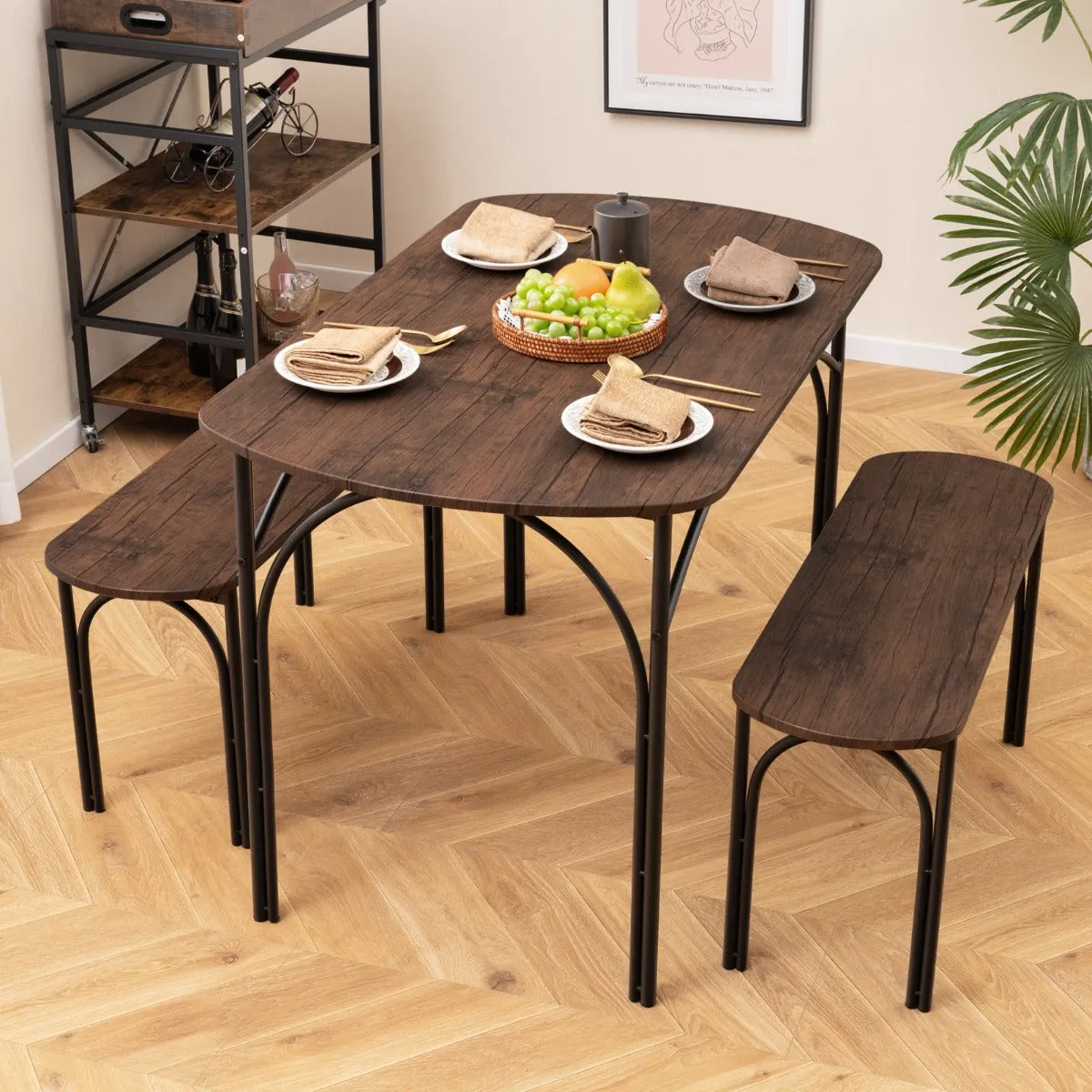 120cm Space Saving Kitchen table set with Wooden Table and 2 Benches-Brown