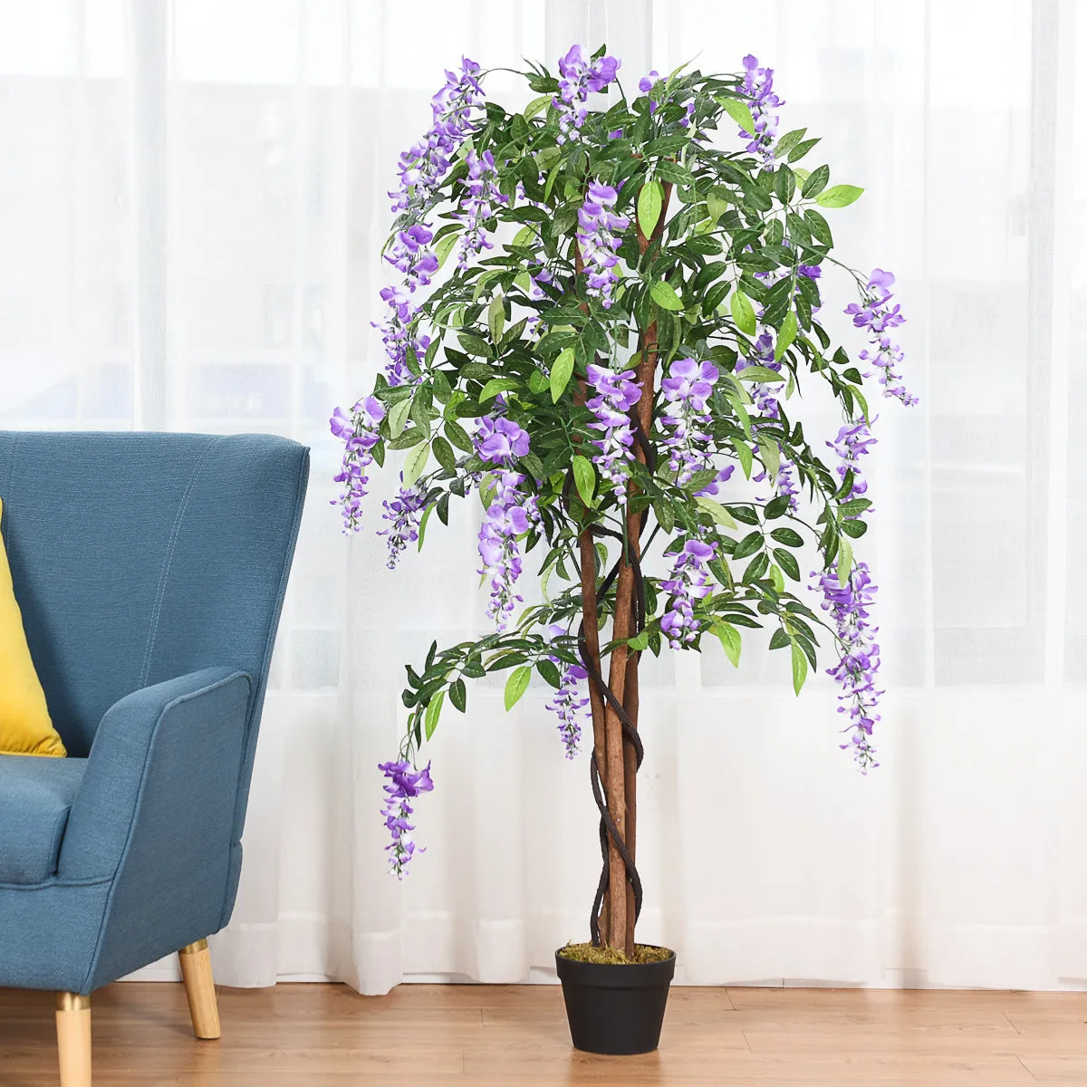 150CM Ficus Artificial Tree Fake Wisteria Tree with 3 Natural Trunks