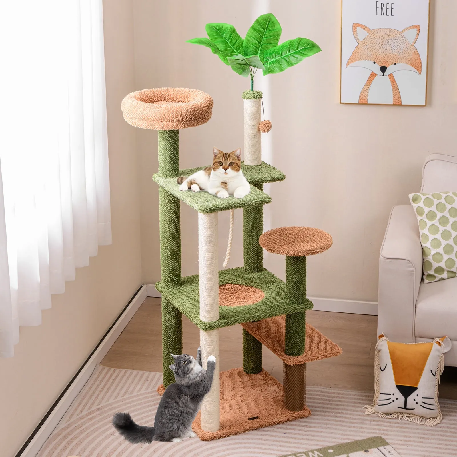 152cm Cute Cat Tree with Sisal Scratching Posts and Rope, Plush Perch-Green