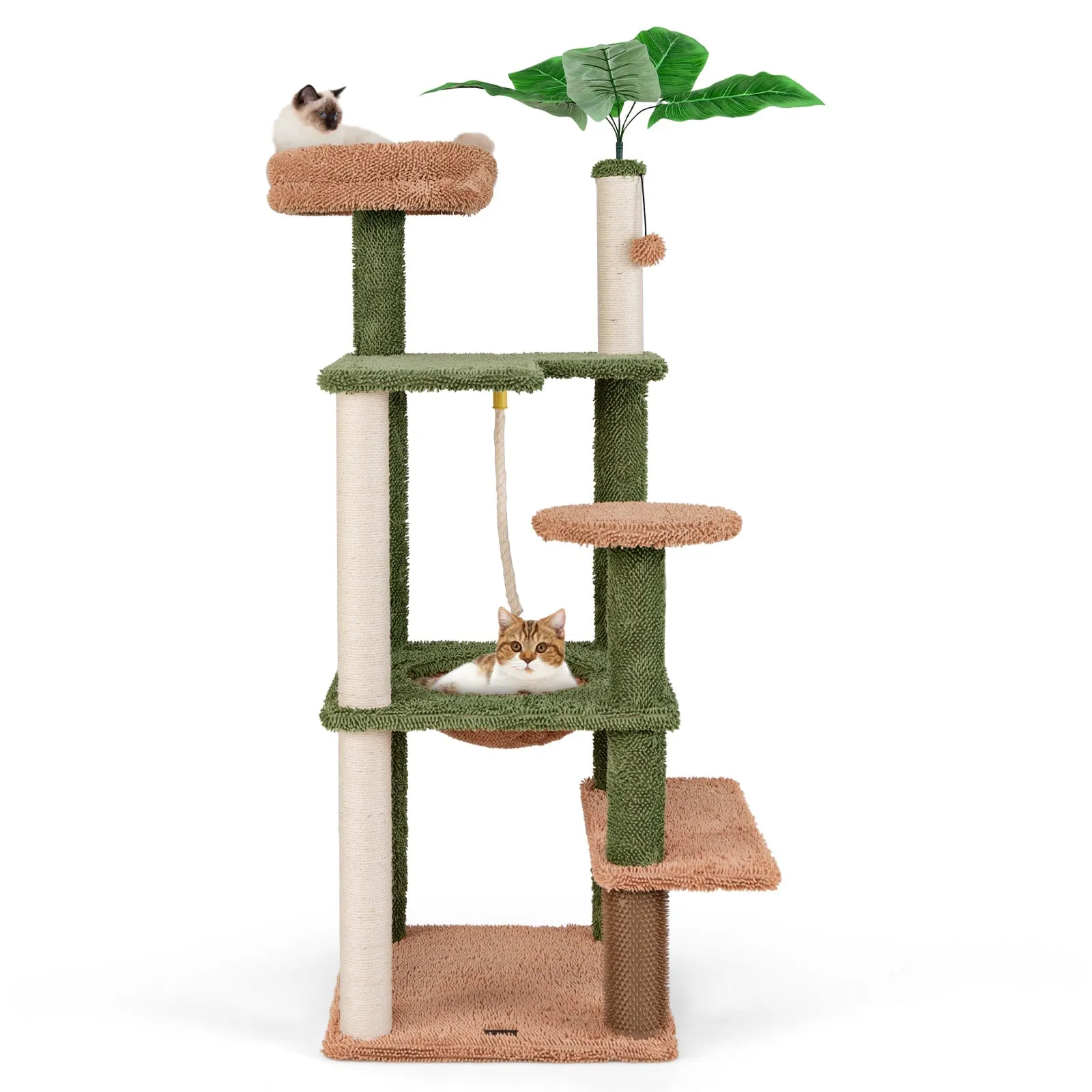 152cm Cute Cat Tree with Sisal Scratching Posts and Rope, Plush Perch-Green