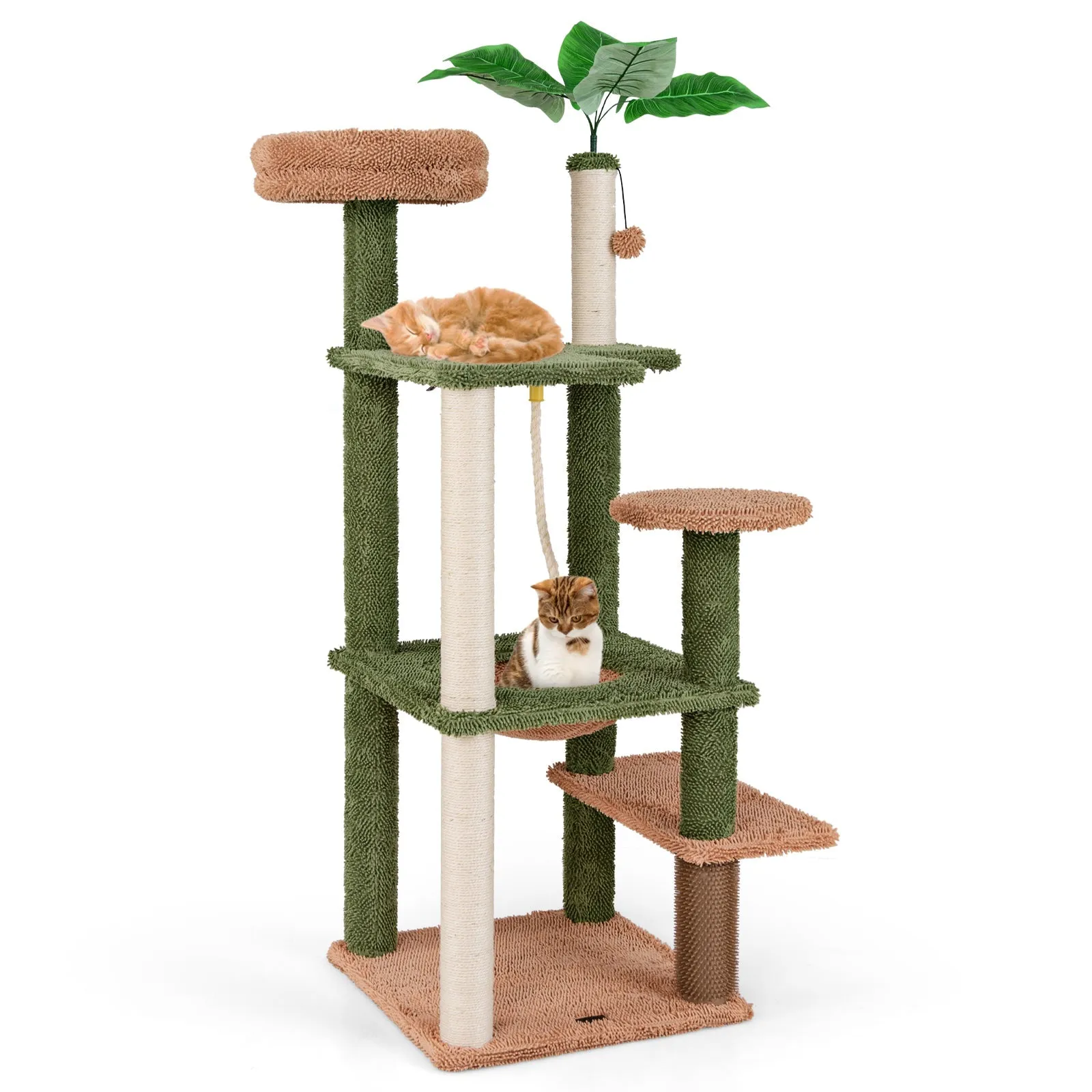 152cm Cute Cat Tree with Sisal Scratching Posts and Rope, Plush Perch-Green