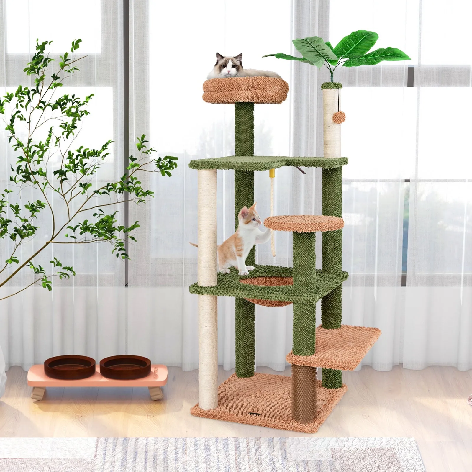 152cm Cute Cat Tree with Sisal Scratching Posts and Rope, Plush Perch-Green