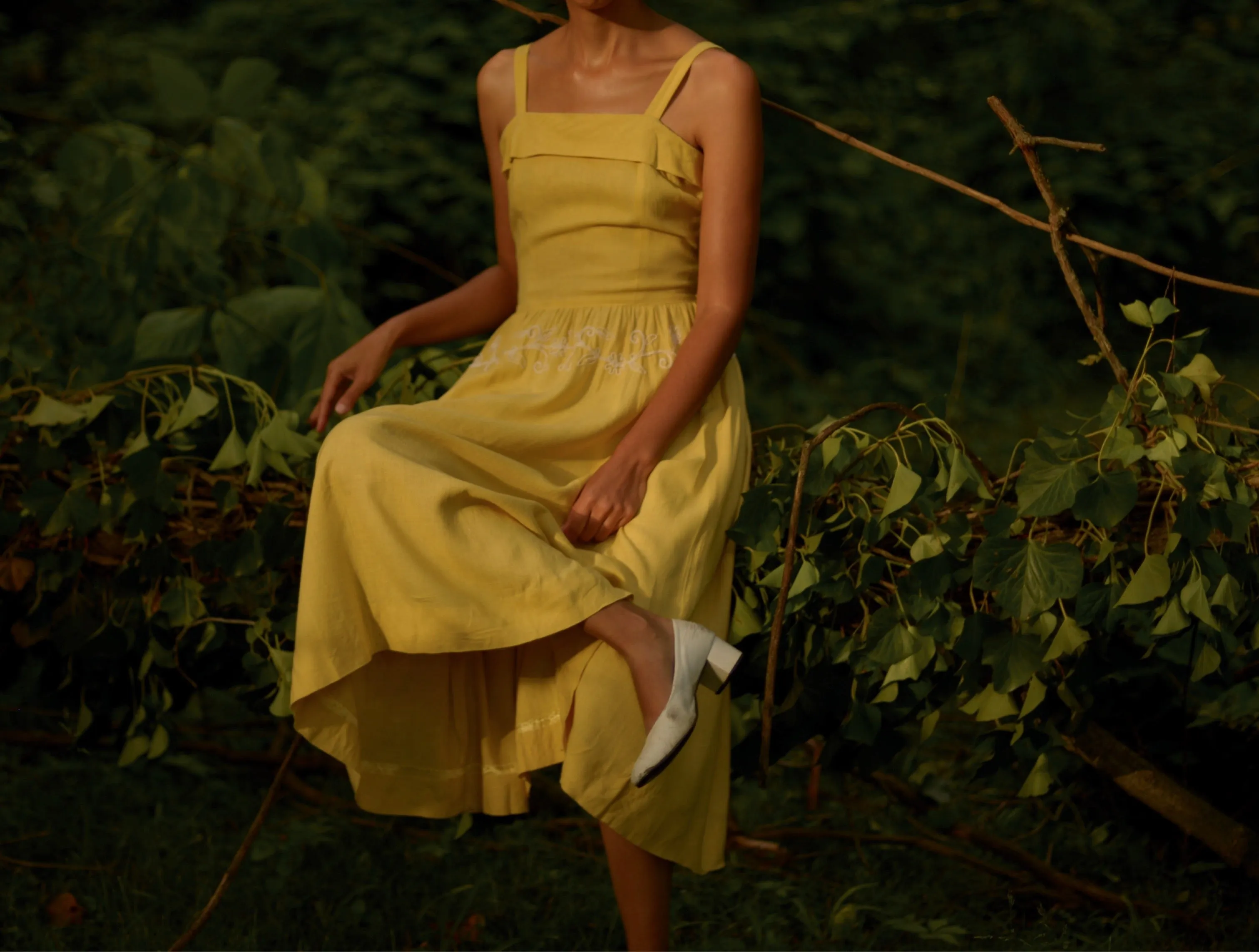 1940s yellow linen sun dress with embroidery detail, small-medium