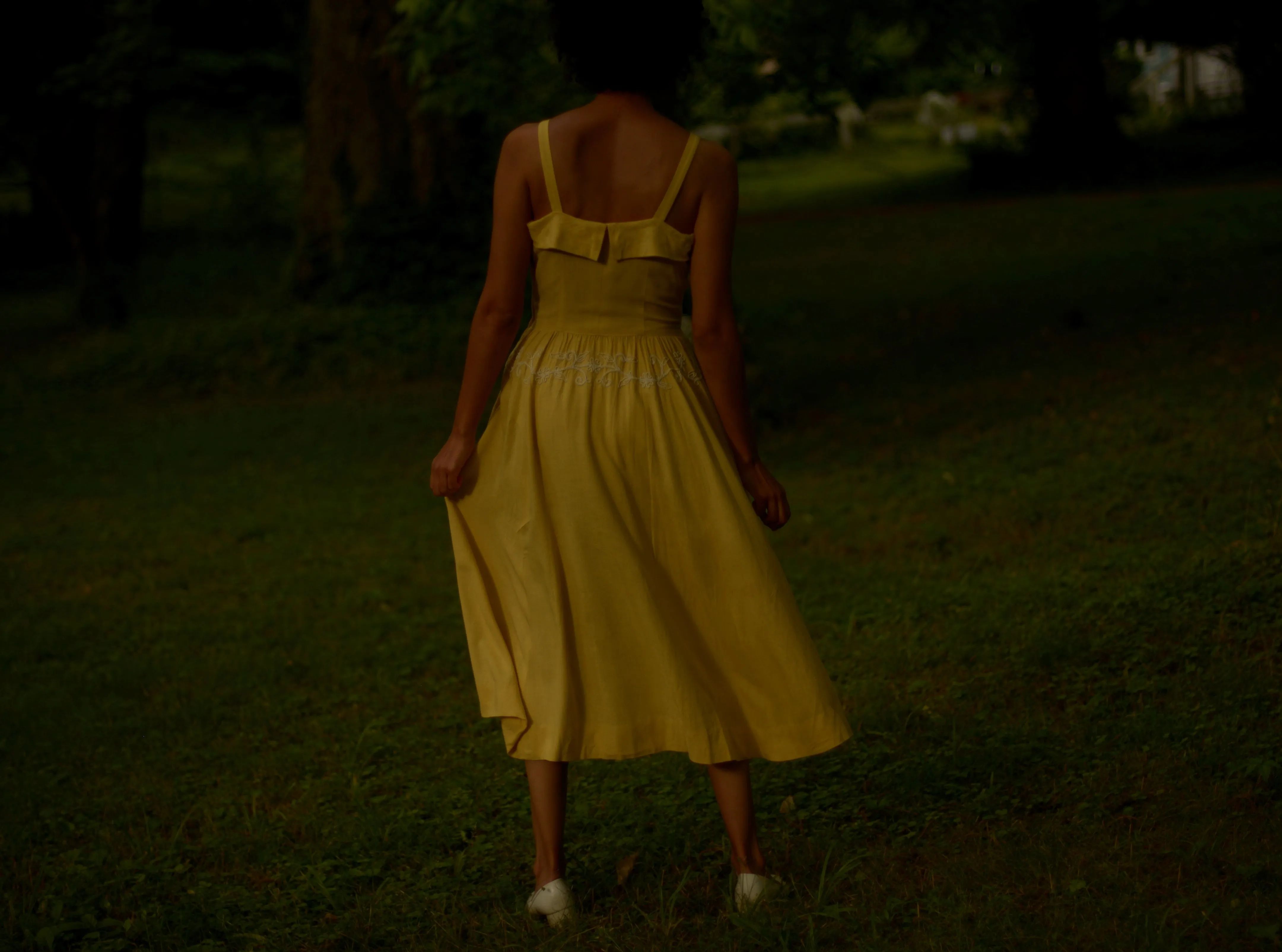 1940s yellow linen sun dress with embroidery detail, small-medium