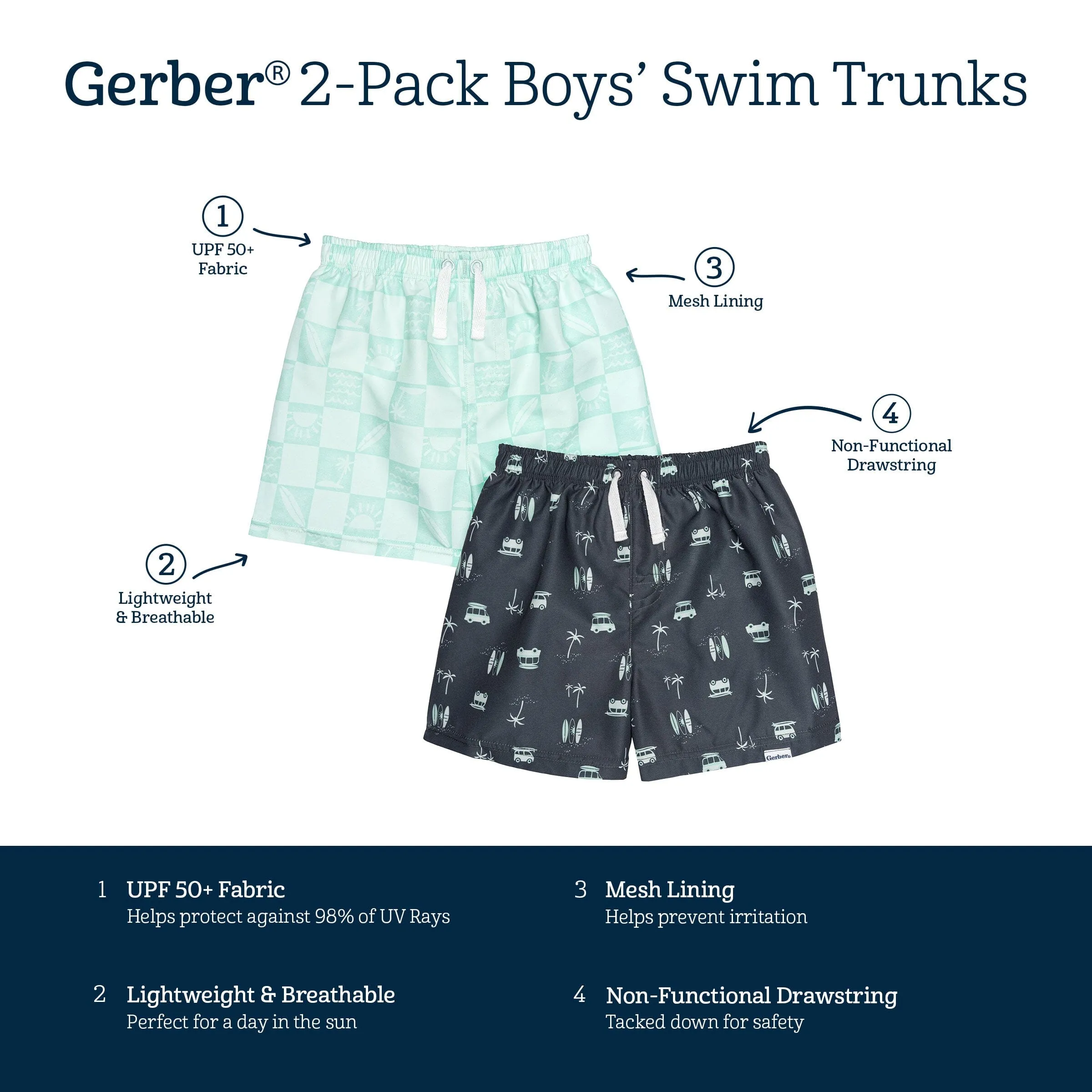 2-Pack Baby & Toddler Boys UPF 50  Surf Swim Trunks