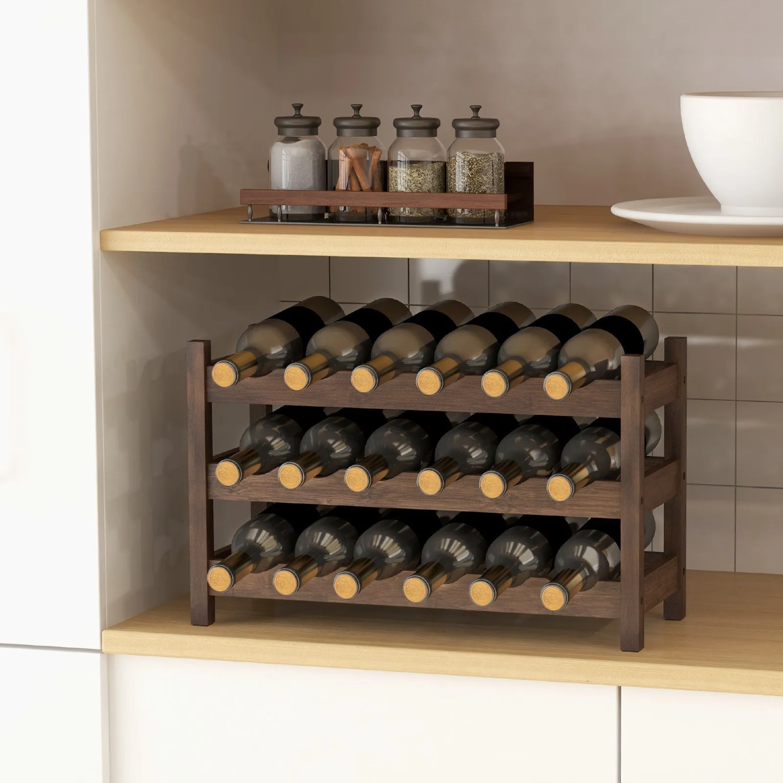 3-Tier Bamboo Wine Rack with Wave Slot for Kitchen-Coffee