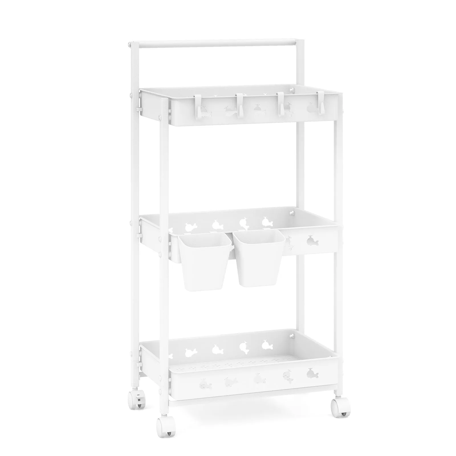 3-Tier Rolling Storage Cart with 2 Hanging Cups and 4 Hooks-White