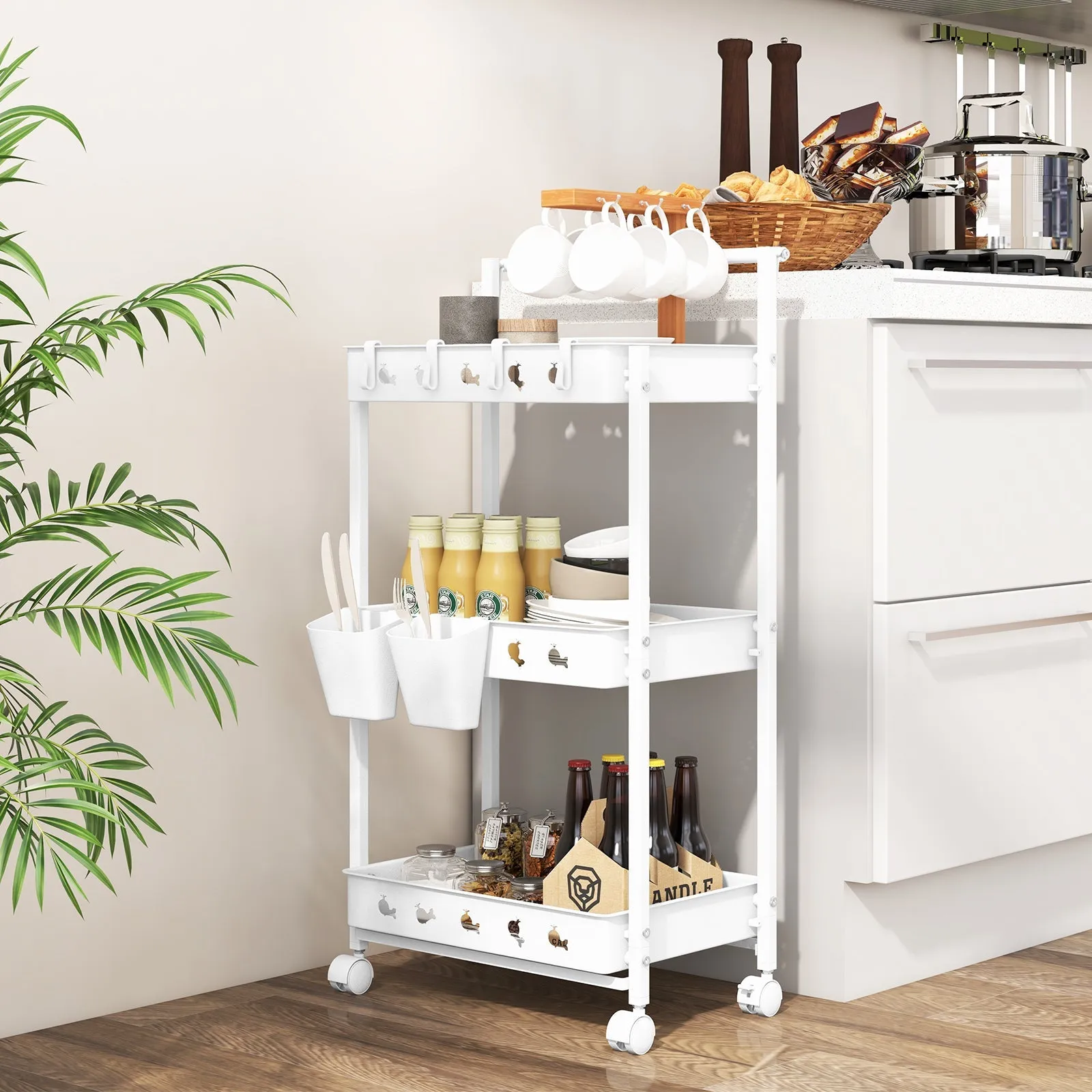 3-Tier Rolling Storage Cart with 2 Hanging Cups and 4 Hooks-White