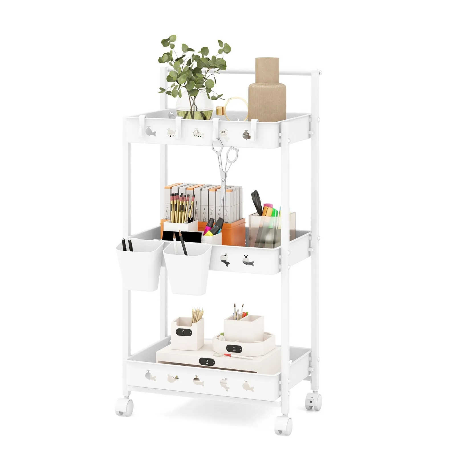 3-Tier Rolling Storage Cart with 2 Hanging Cups and 4 Hooks-White