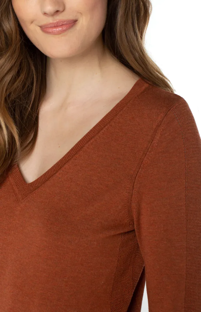 3/4 Sleeve V Neck Sweater w/Pique - Copper Heather