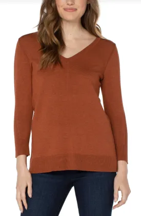 3/4 Sleeve V Neck Sweater w/Pique - Copper Heather