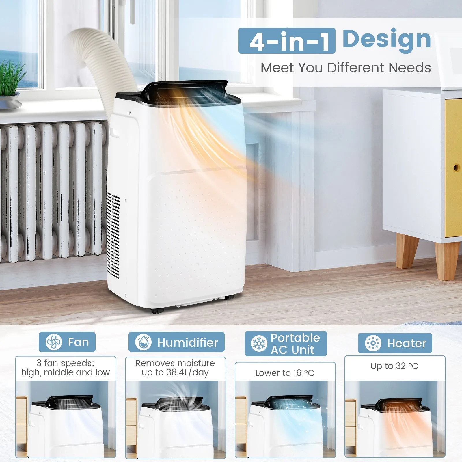 4-in-1 Portable Air Conditioner with Multi-Speed Fan and Remote Control-White