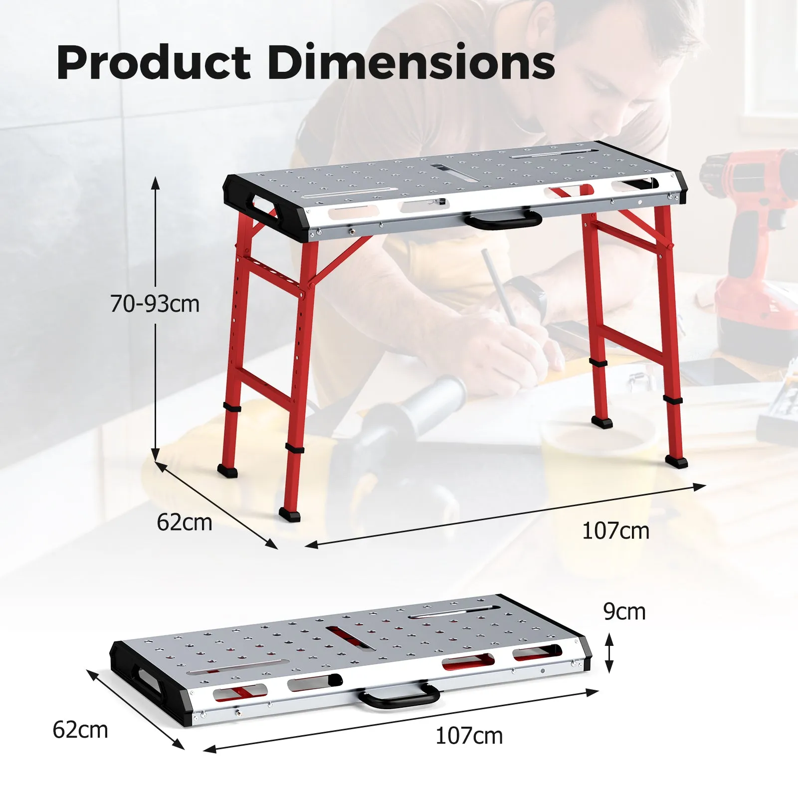 42 Inches x 21 Inches Welding Table with Adjustable Height-Silver