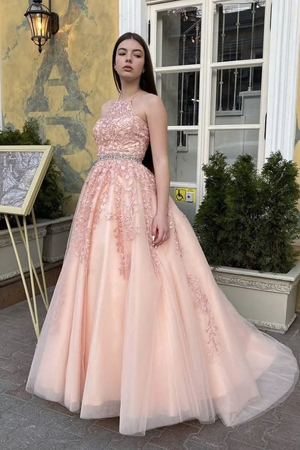 A Line High Neck Pink Lace Long Prom, Pink Lace Formal Graduation Evening