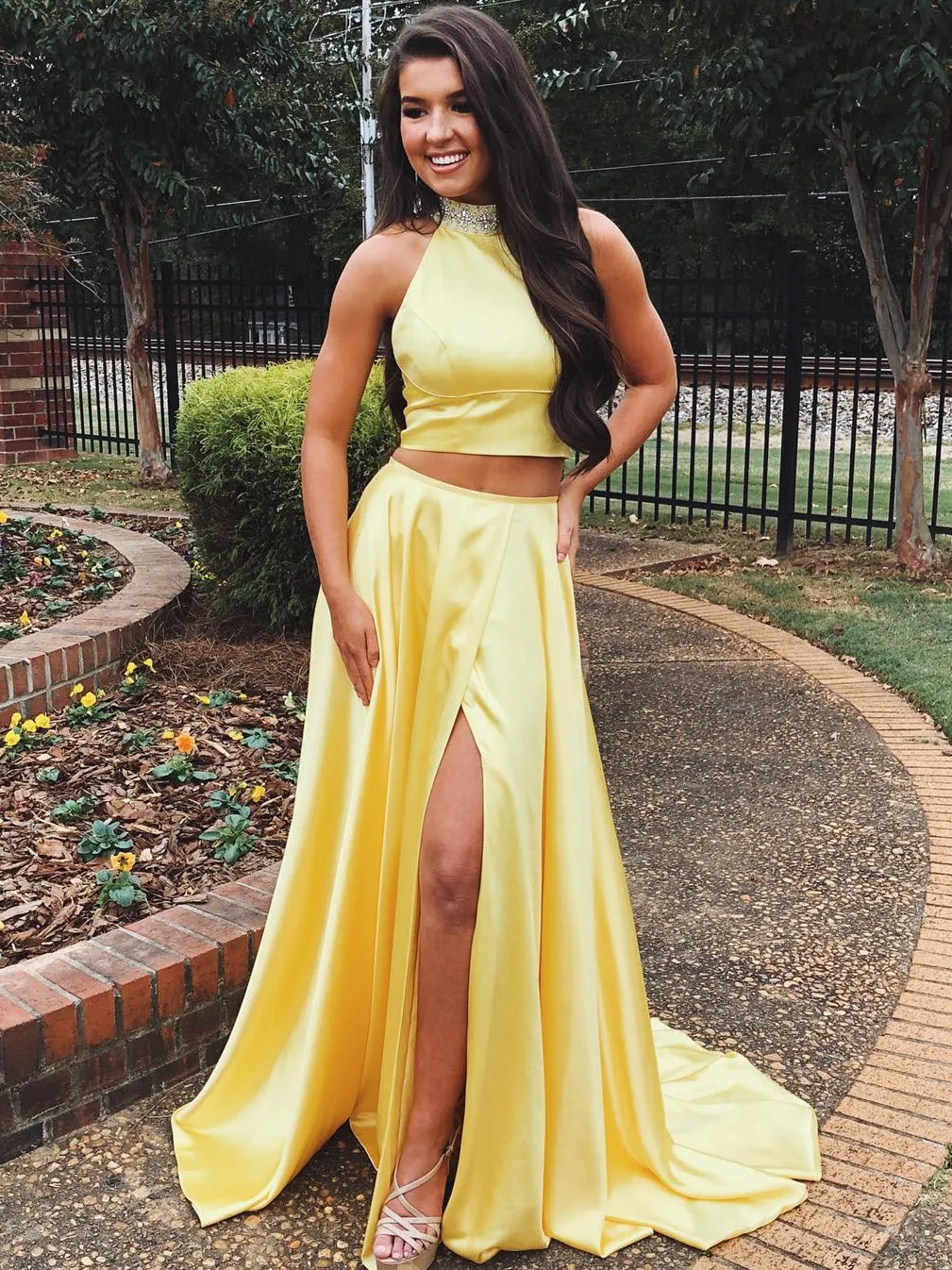 A Line High Neck Two Pieces Yellow Satin Long Prom with High Split, Yellow Formal, Evening