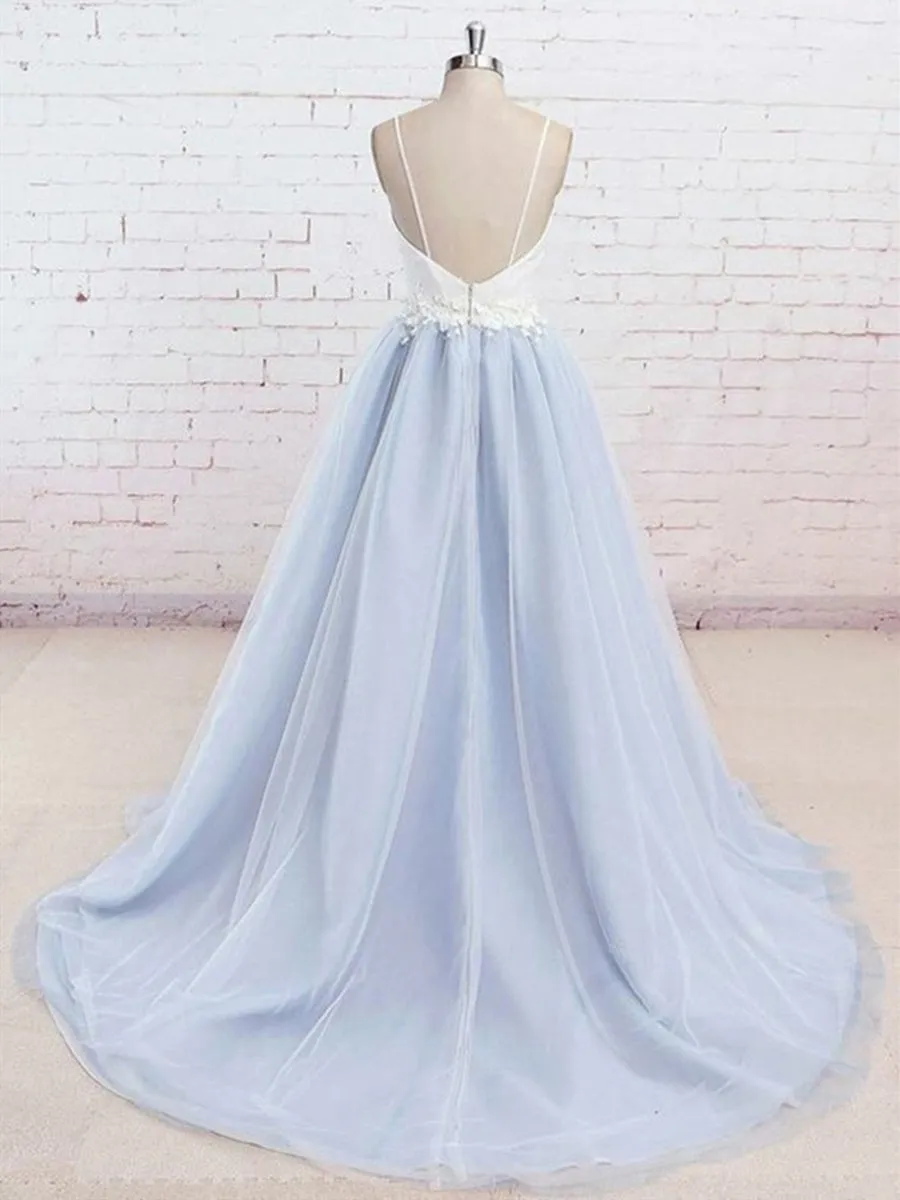 A Line V Neck Backless Light Blue Tulle Long Prom with White Lace Appliques, Light Blue Graduation, Light Blue Formal Evening