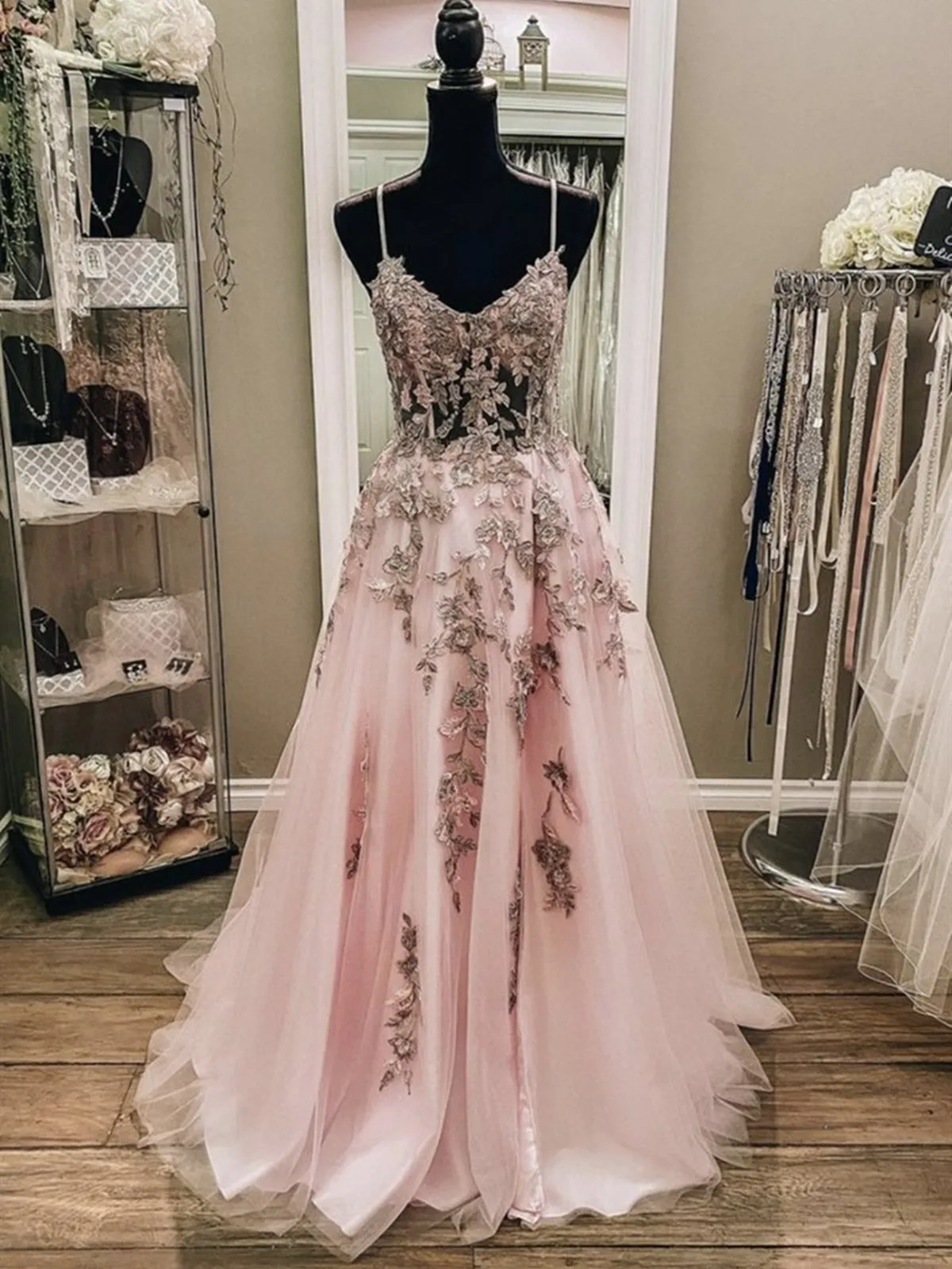 A Line V Neck Backless Pink Lace Floral Long Prom, Long Pink Lace Formal Graduation Evening