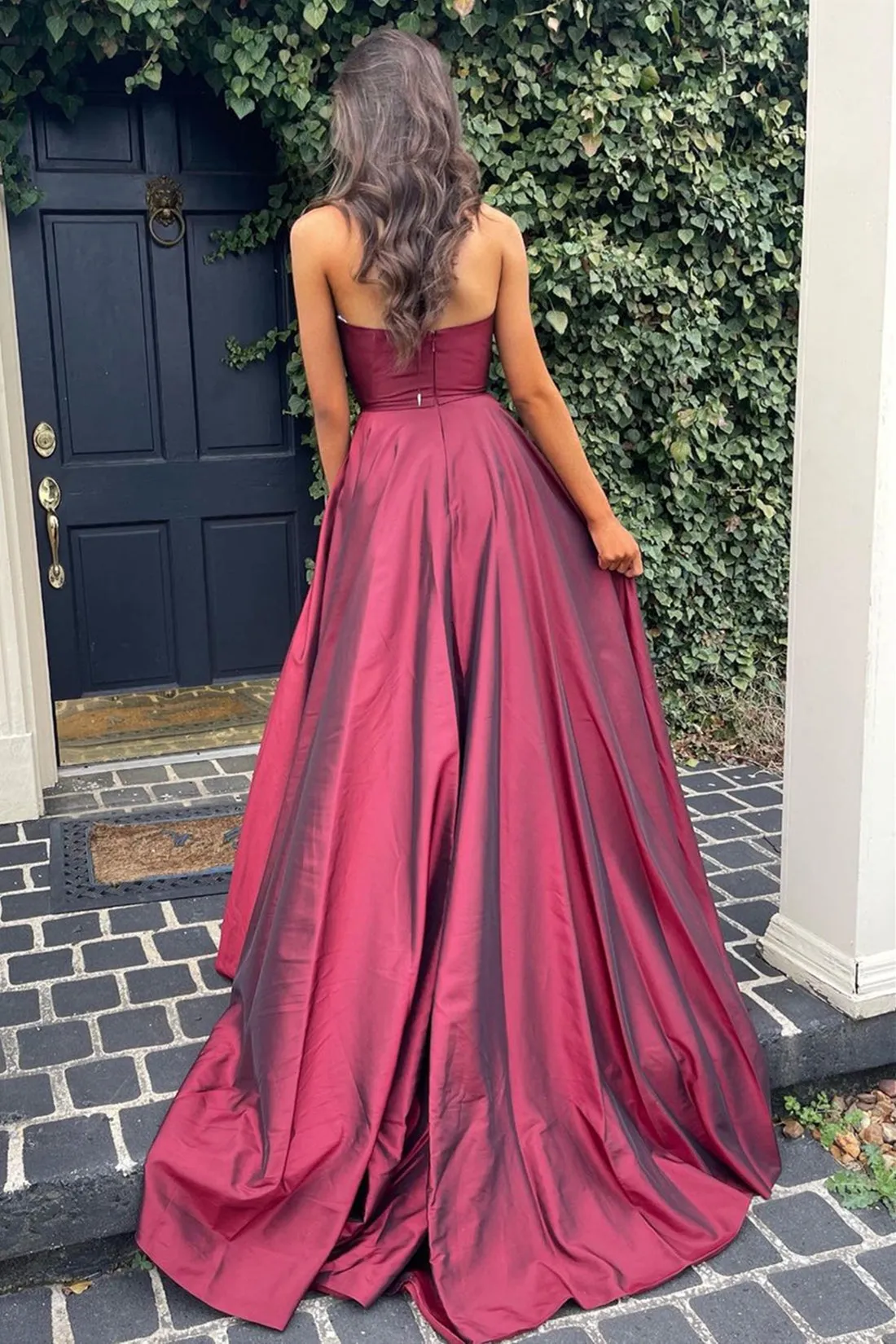 A Line V Neck Open Back Burgundy Long Prom with High Slit, Backless Burgundy Formal, Maroon Evening