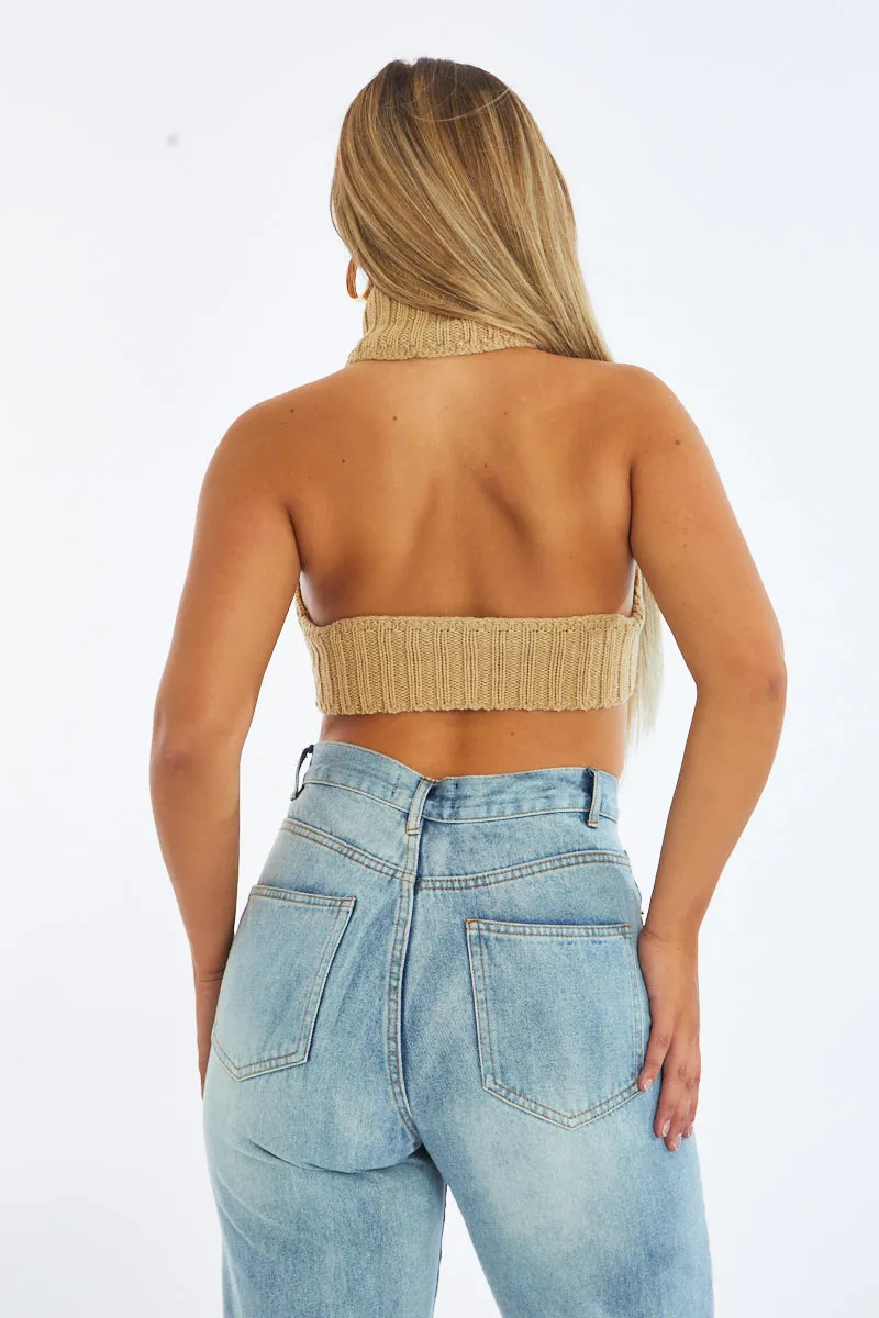 Beige Knit Turtle Neck Asymmetric Crop Top - Tatum