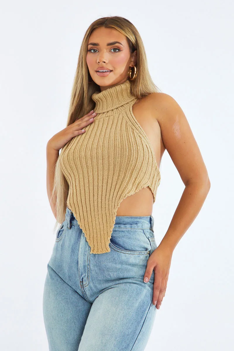 Beige Knit Turtle Neck Asymmetric Crop Top - Tatum