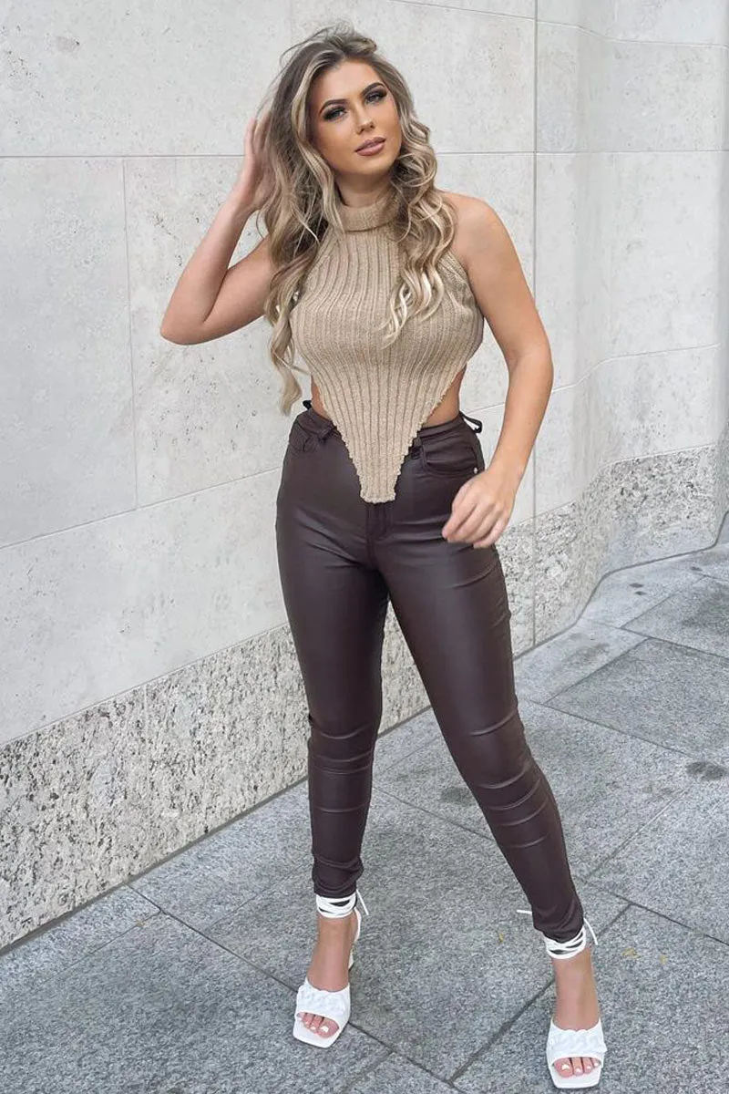 Beige Knit Turtle Neck Asymmetric Crop Top - Tatum