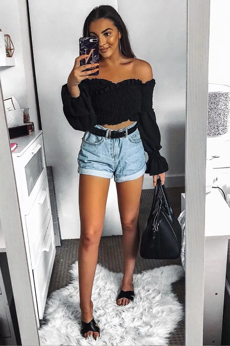 Black Shirred Wrap Over Bardot Crop Top - Zuri