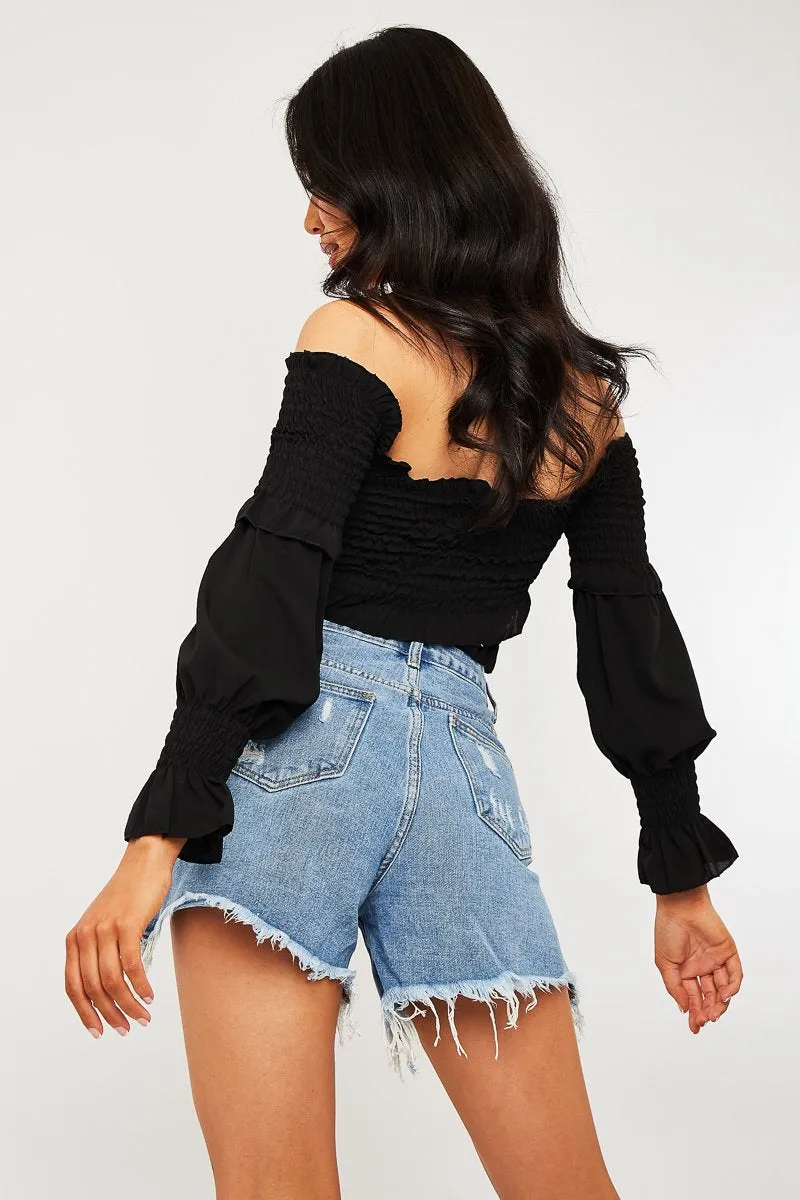 Black Shirred Wrap Over Bardot Crop Top - Zuri