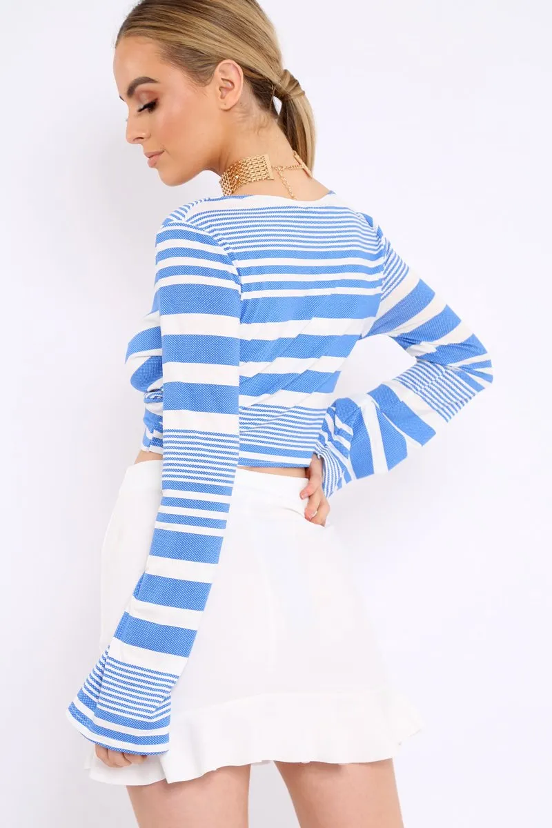 Blue and White Stripe Knot Front Crop Top - Hayzl