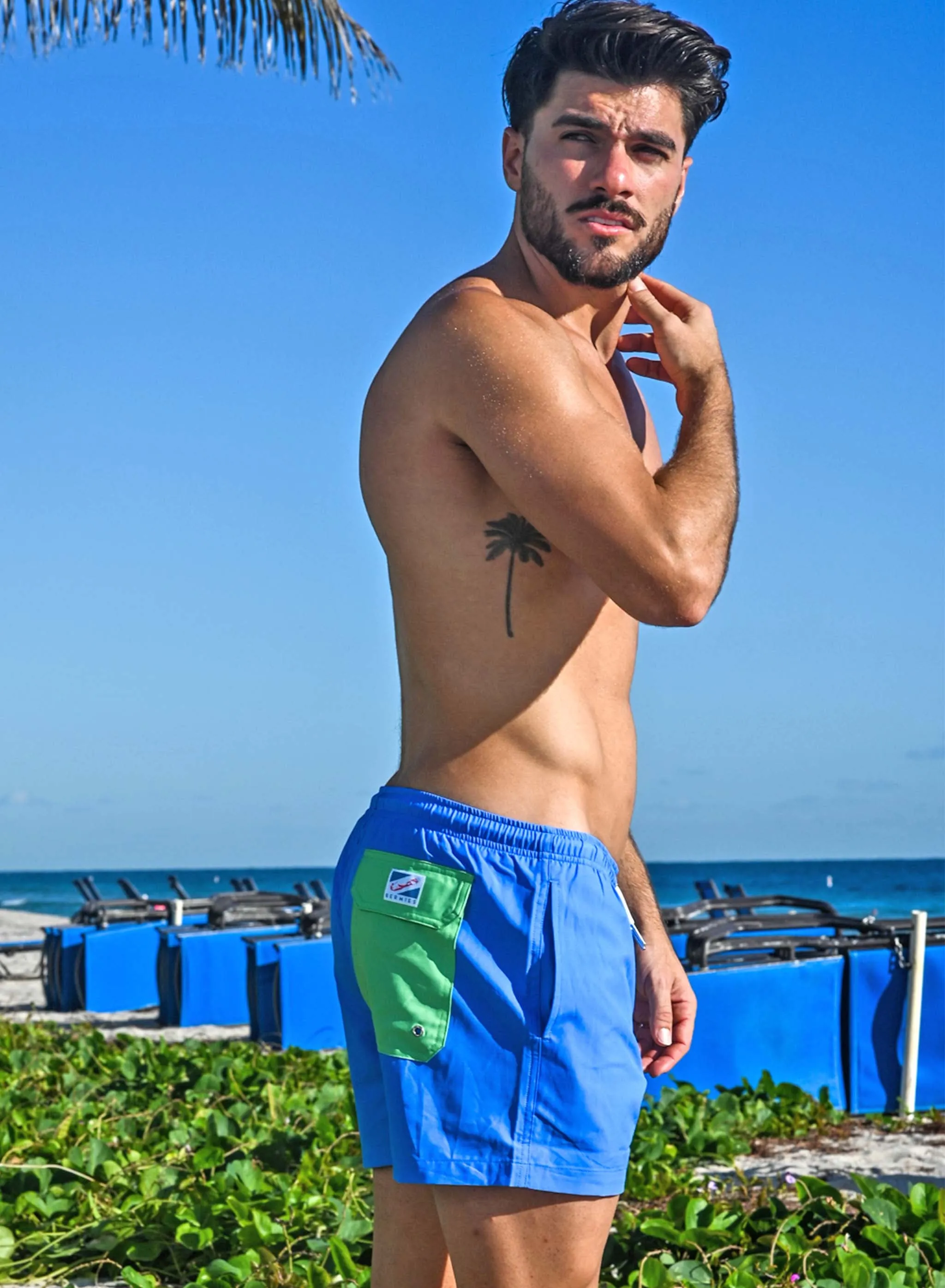 Blue Solid Green Pocket - 3.5" Swim Trunks