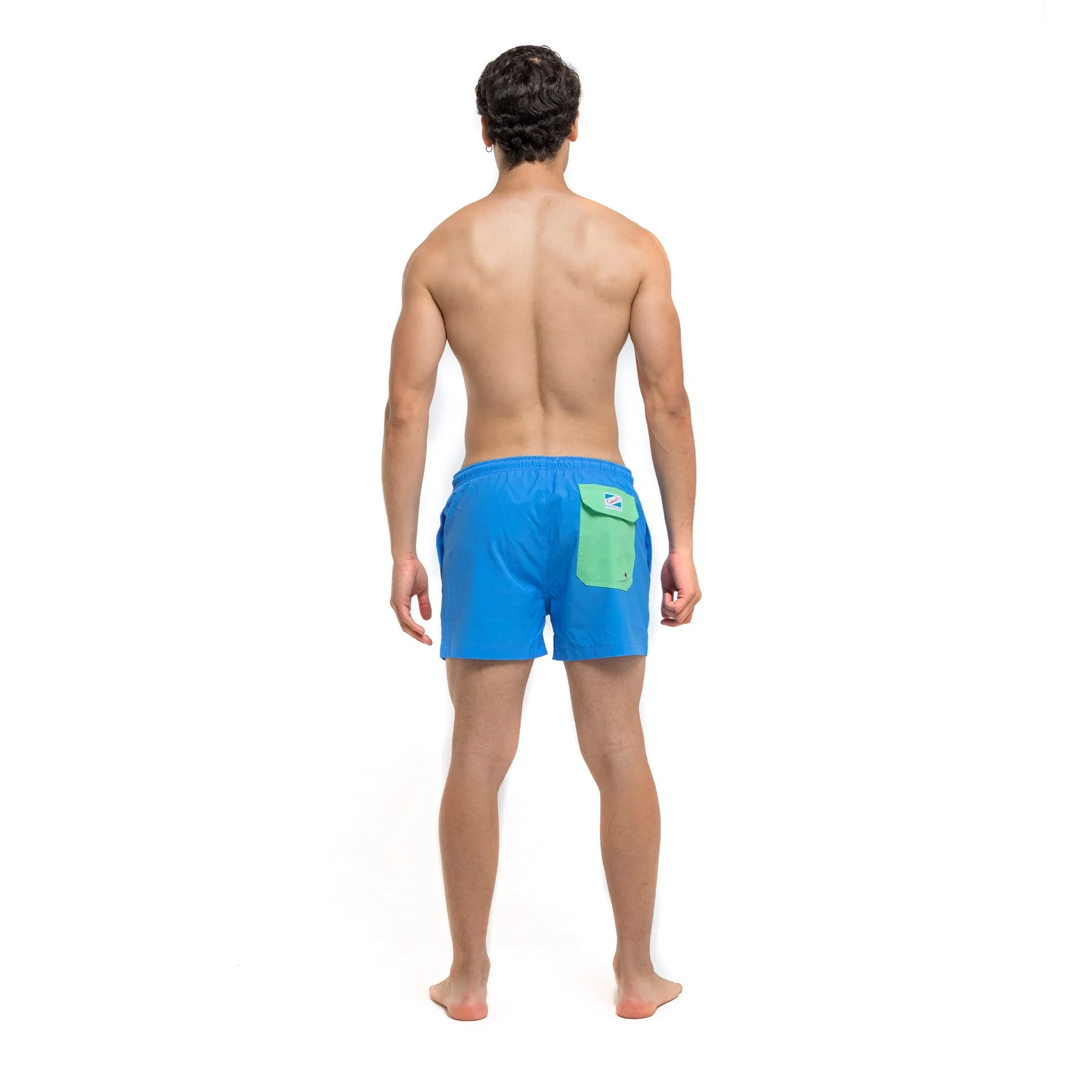 Blue Solid Green Pocket - 3.5" Swim Trunks