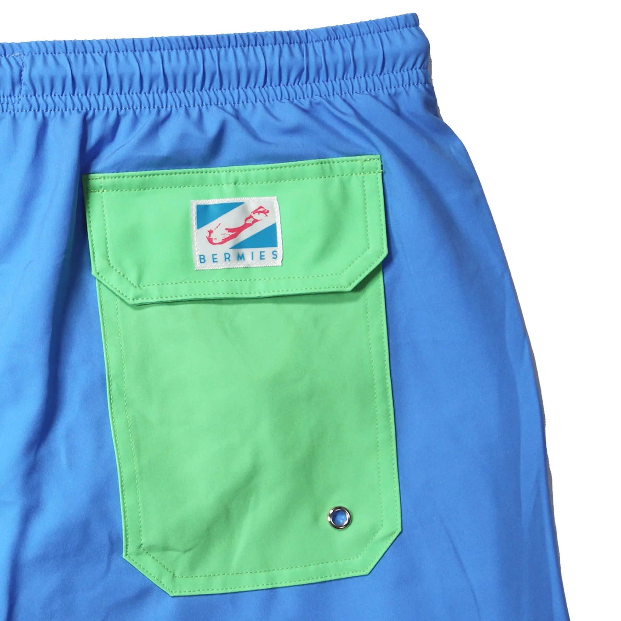 Blue Solid Green Pocket - 3.5" Swim Trunks