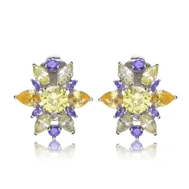 Cubic Zirconia Sterling Silver Rhodium Plated Lemon, Amethyst And Peridot Flower Earrings