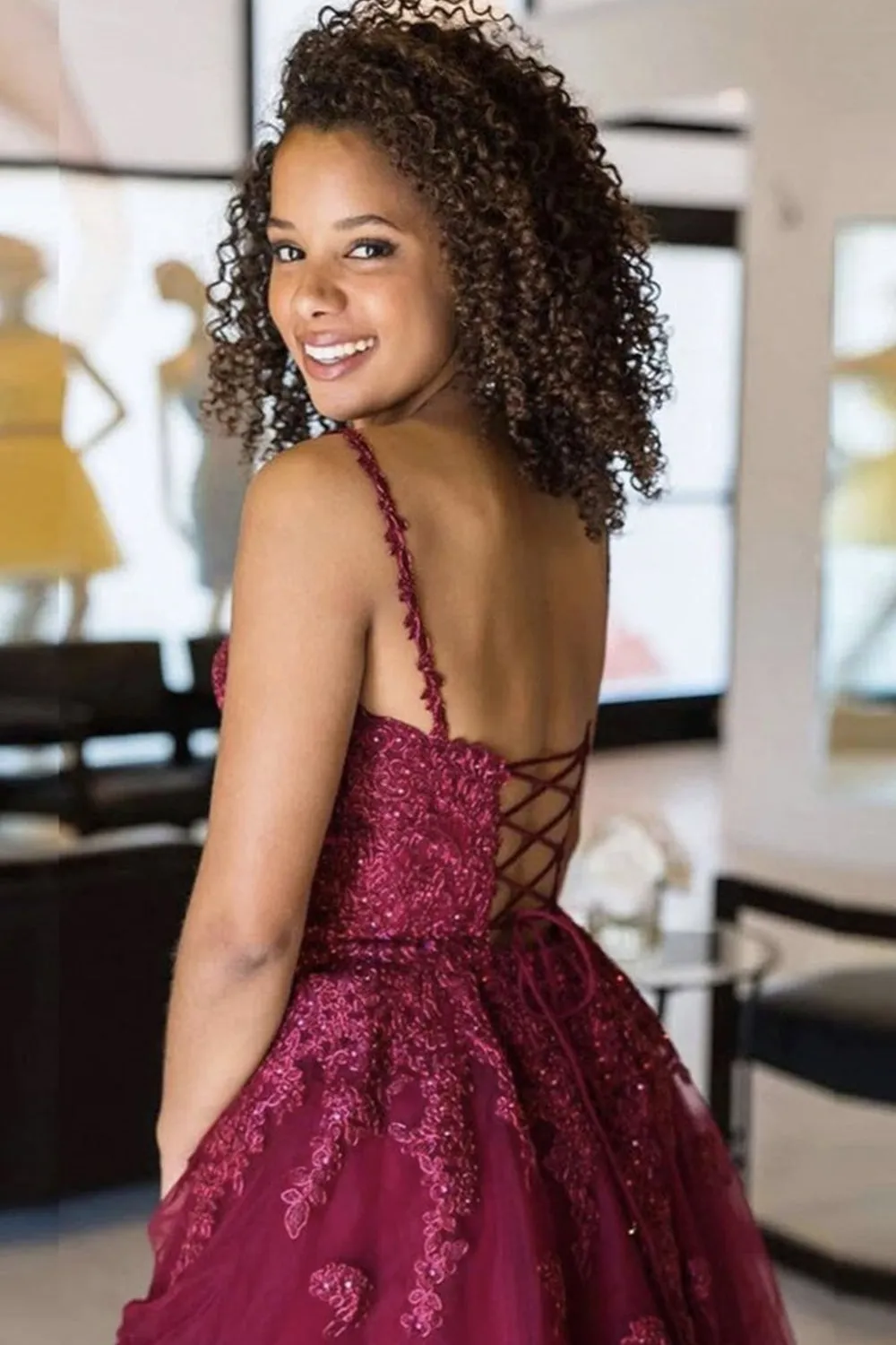 Cute V Neck Backless Burgundy Lace Short Prom Dress, Burgundy Lace Homecoming Dress, Burgundy Formal Graduation Evening Dress A1302