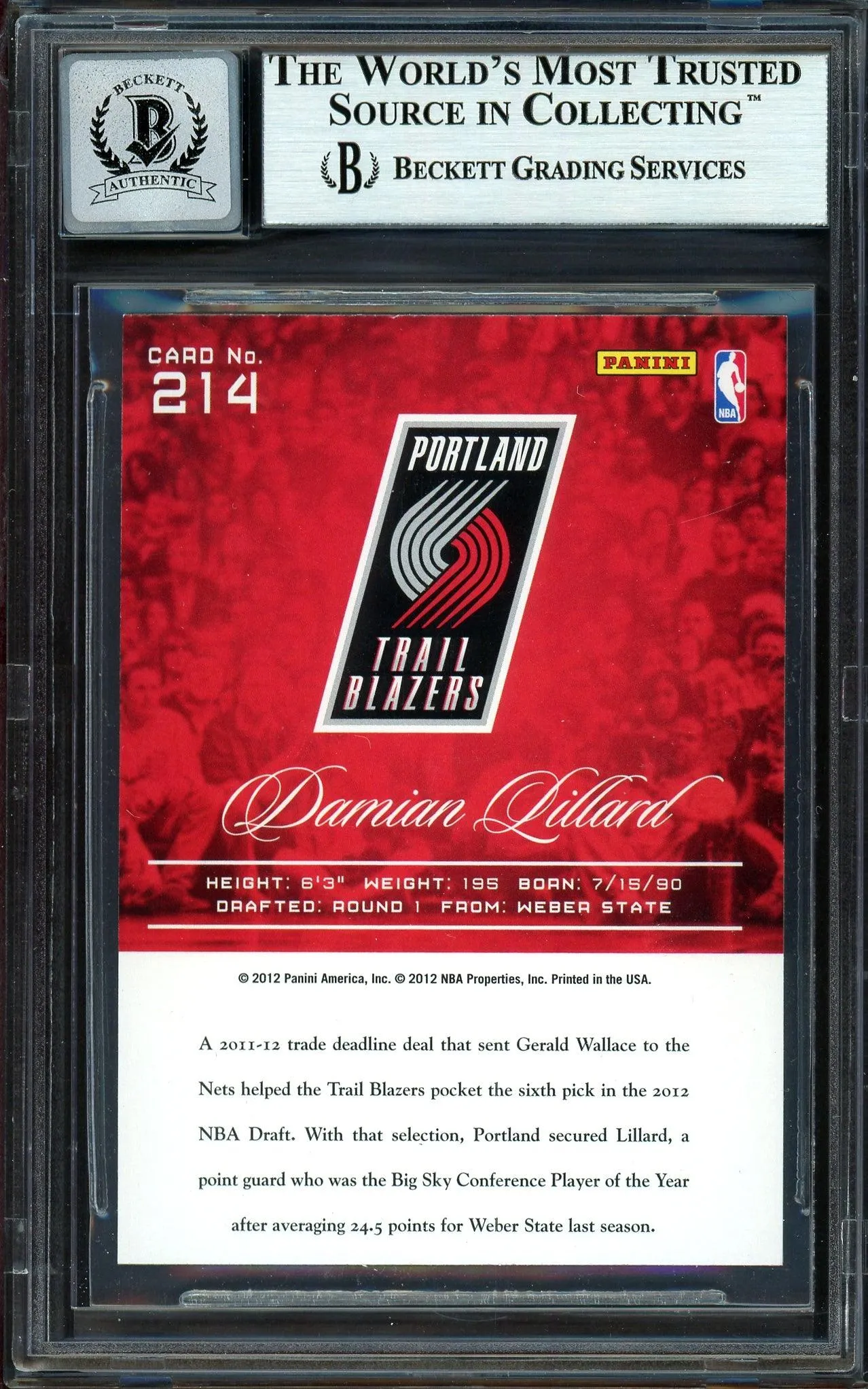 Damian Lillard Autographed 2012-13 Panini Prestige Rookie Card #214 Portland Trail Blazers Auto Grade Gem Mint 10 Beckett BAS #13605386