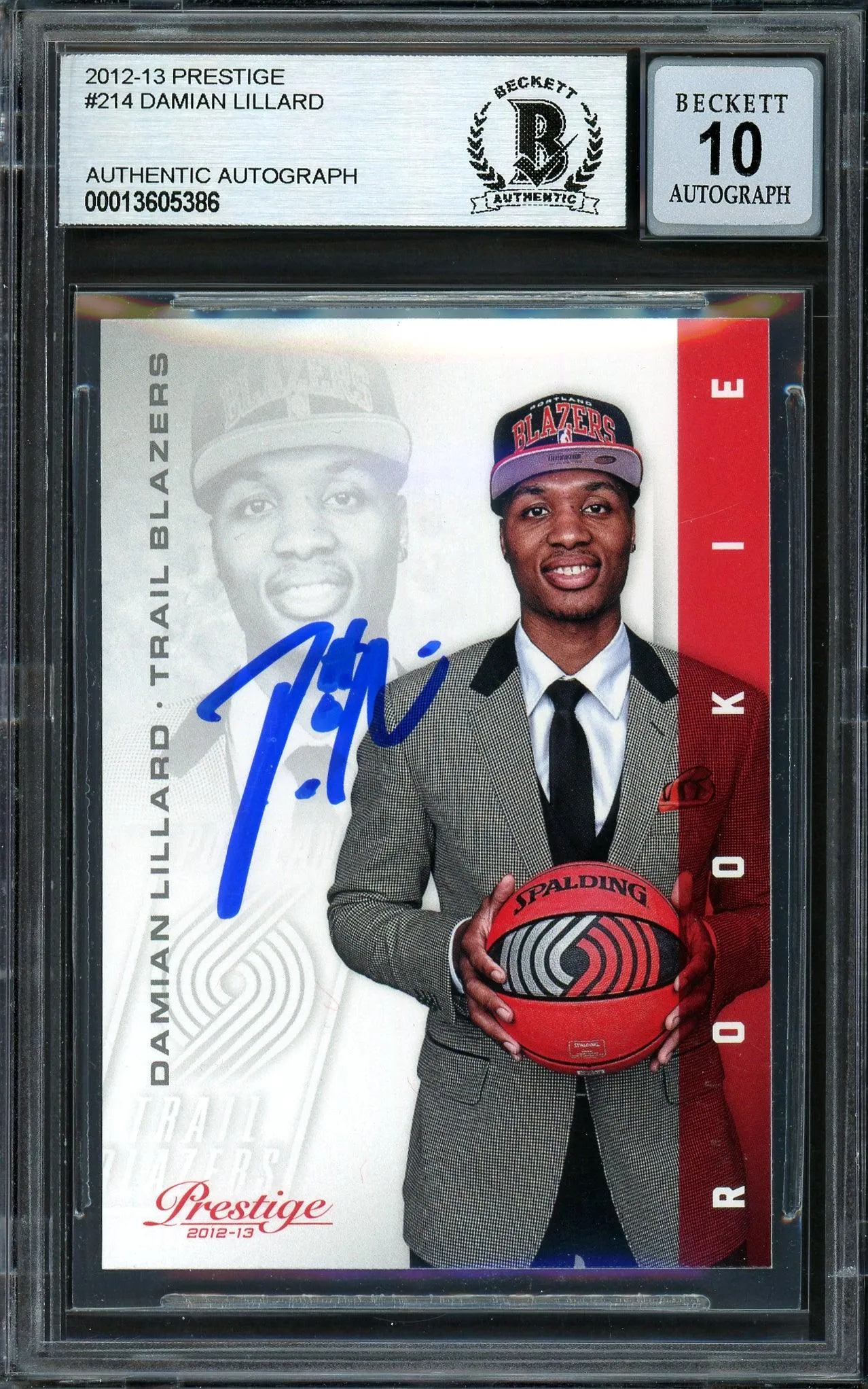 Damian Lillard Autographed 2012-13 Panini Prestige Rookie Card #214 Portland Trail Blazers Auto Grade Gem Mint 10 Beckett BAS #13605386