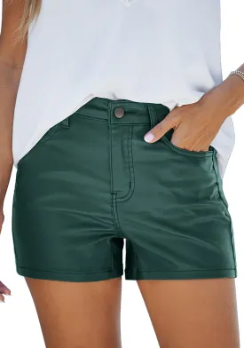 Dark Green Women's Comfy High Waisted Stretchy Faux Leather Denim Pants Shorts