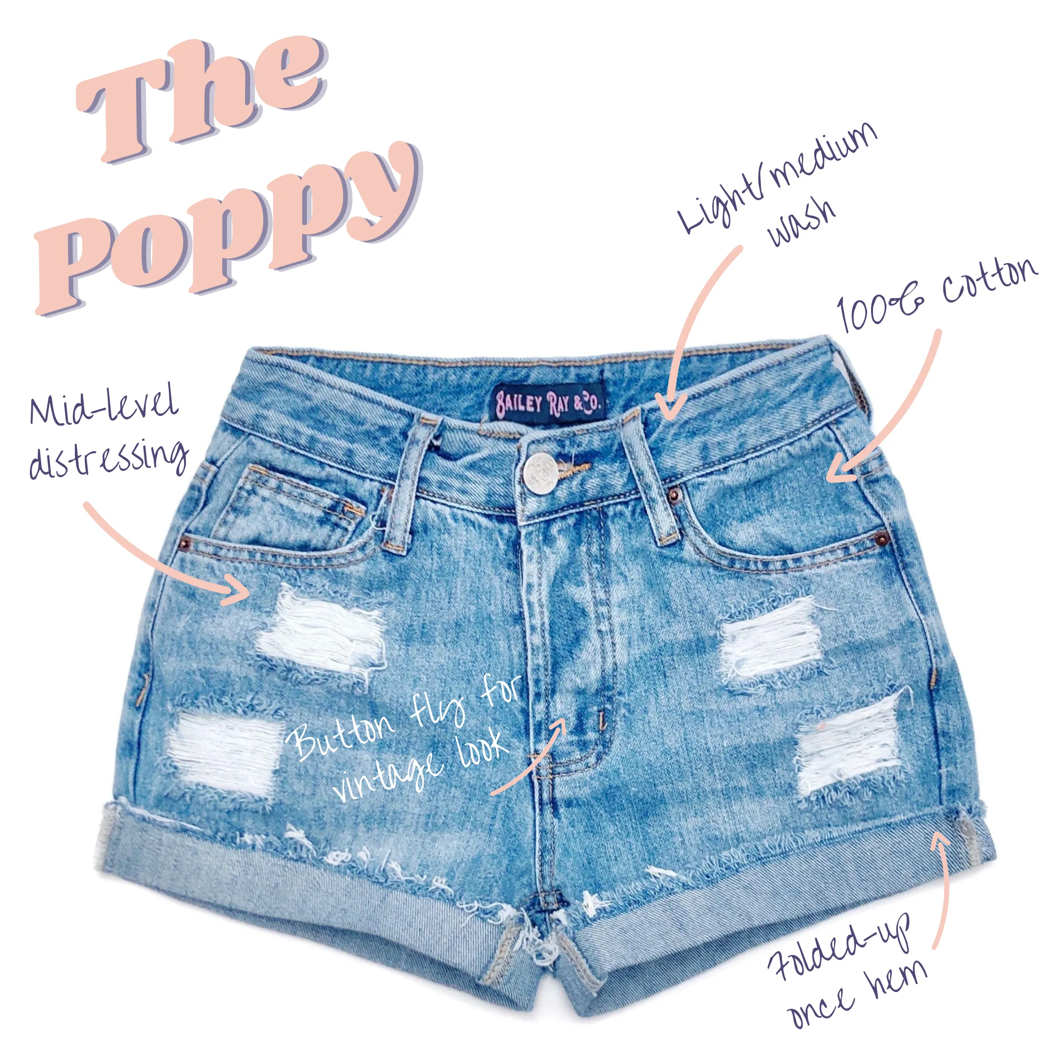 Distressed High Waisted Denim Shorts  - The Poppy