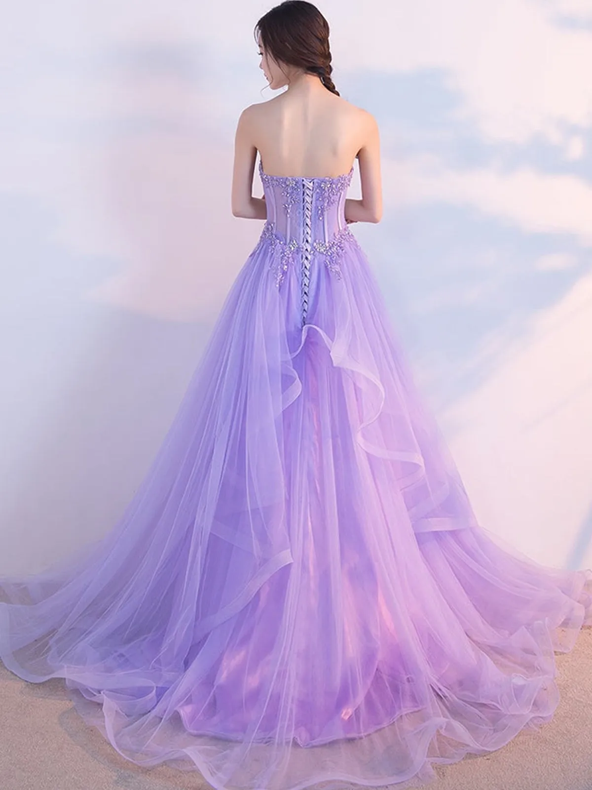 Elegant Strapless Open Back Purple Lace Long Prom Dresses, Purple Lace Formal Evening Dresses, Purple Ball Gown