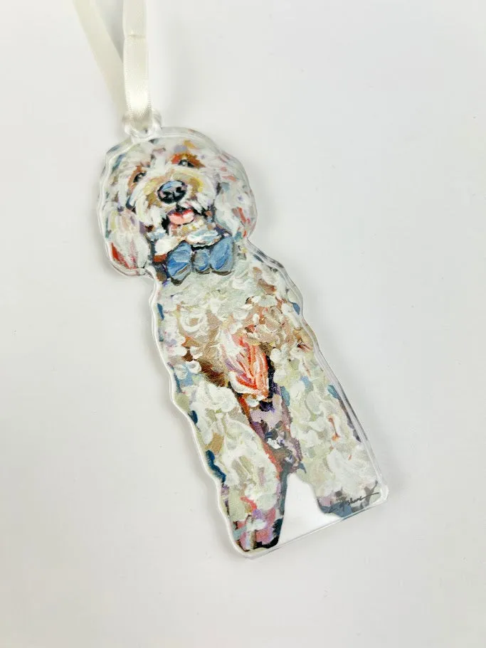 Goldendoodle Blue Bow Acrylic Ornament