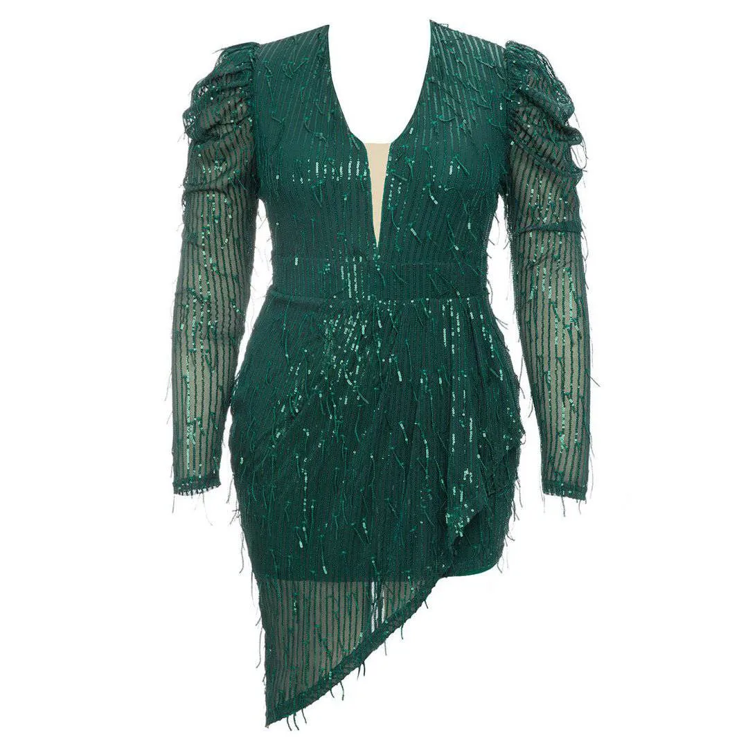 Grace Plunging Neck Gigot Sleeve Wrap Sequined Dress