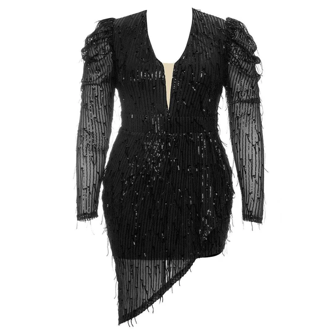 Grace Plunging Neck Gigot Sleeve Wrap Sequined Dress