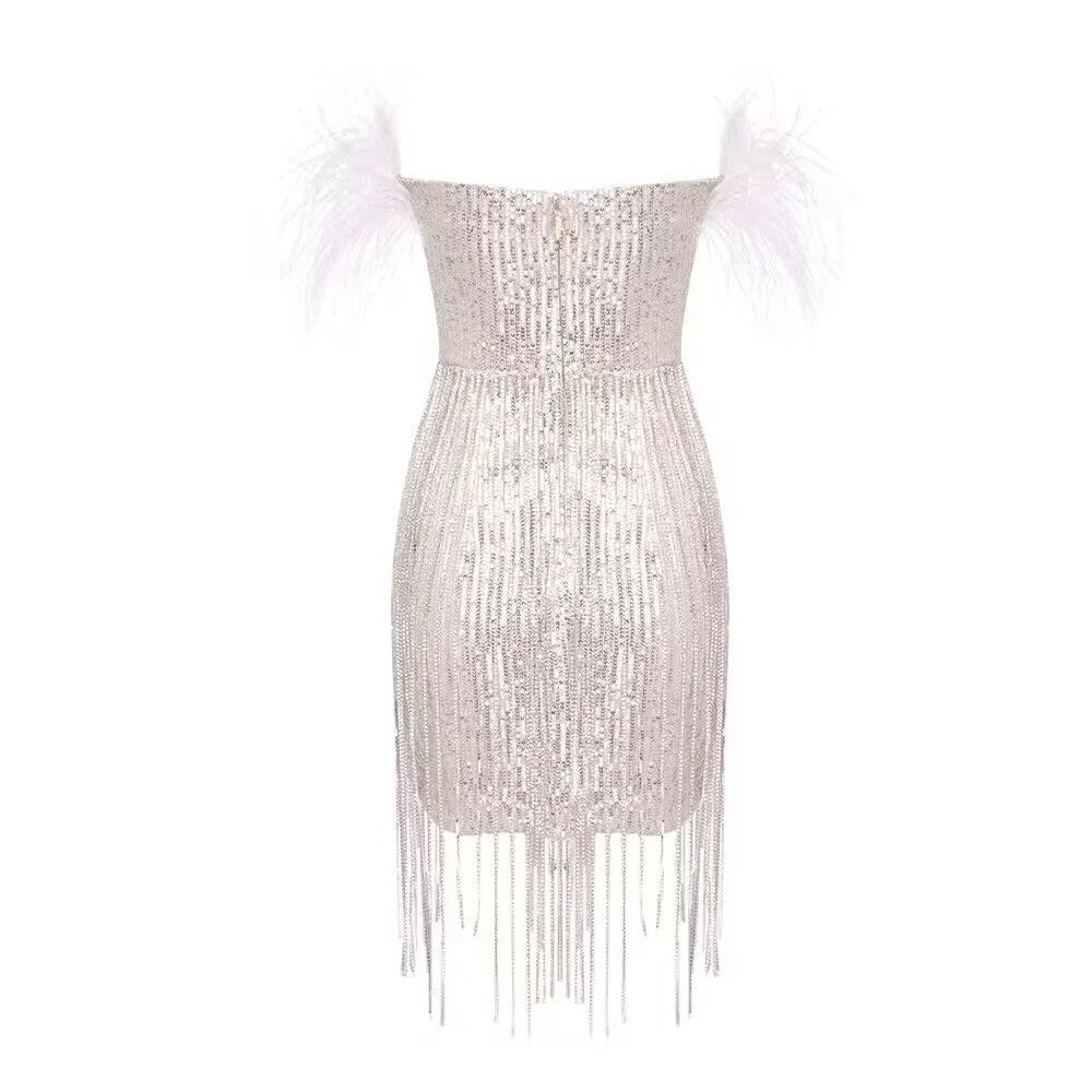 Gweneth Feather Sleeveless Rhinestone Tassel Mini Dress