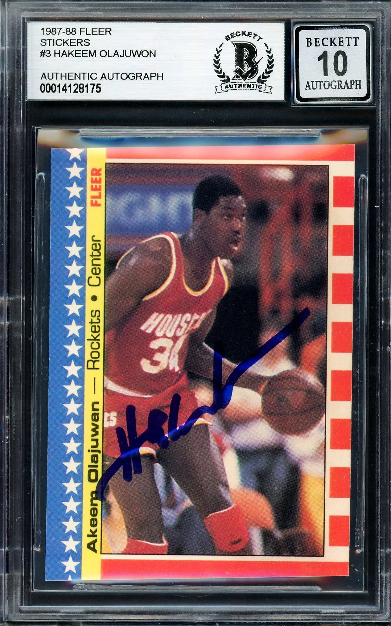 Hakeem Olajuwon Autographed 1987-88 Fleer Stickers Card #3 Houston Rockets Auto Grade Gem Mint 10 Beckett BAS Stock #205733