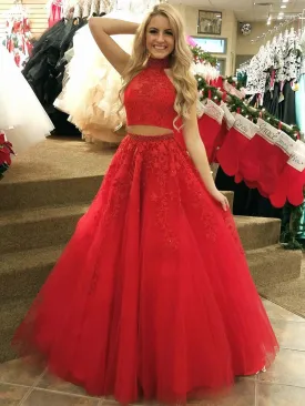 High Neck 2 Pieces Red Lace Long Prom, Two Pieces Red Lace Formal, Red Lace Evening