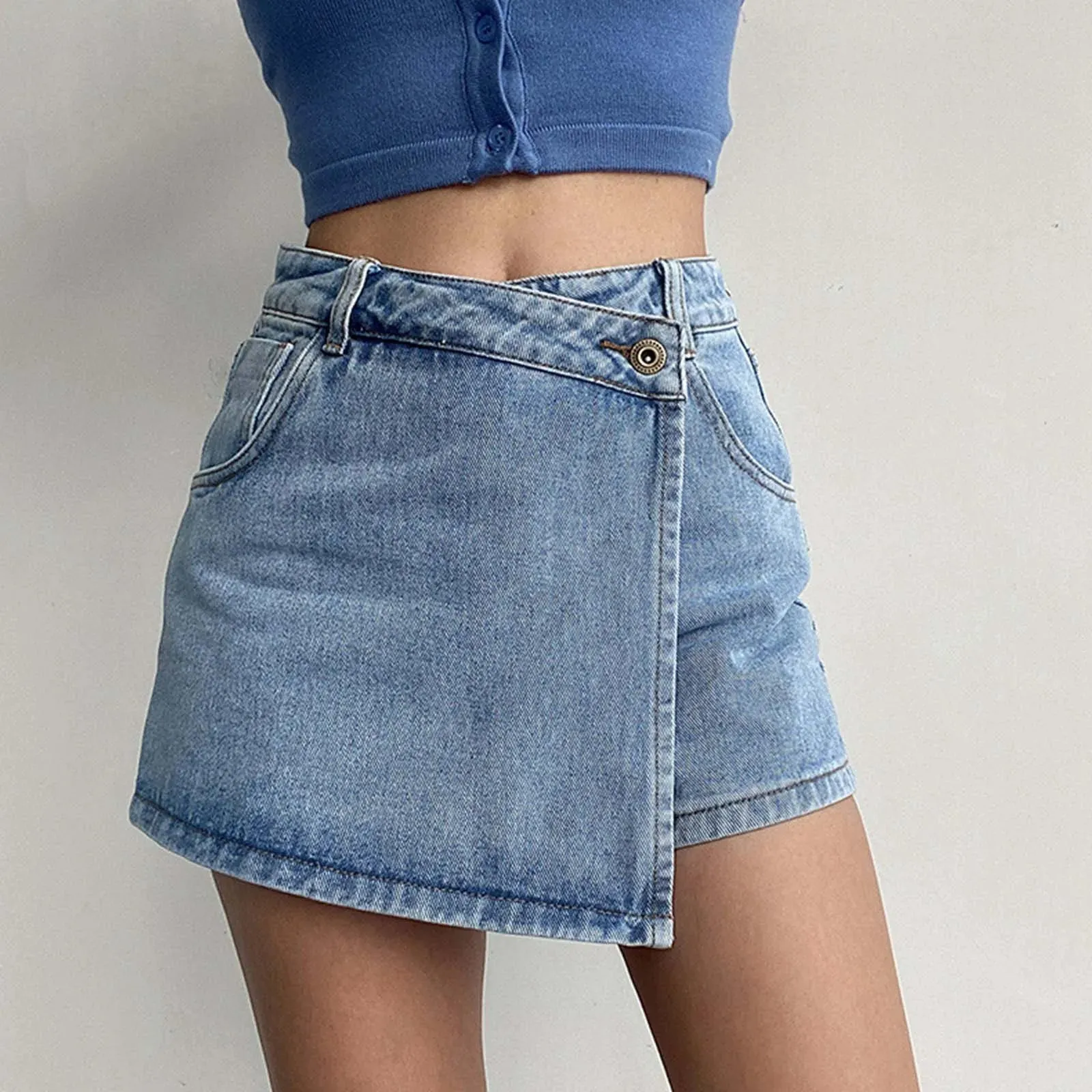 High Waist A Line Denim Two Piece Design Slimming Short with Light Wash