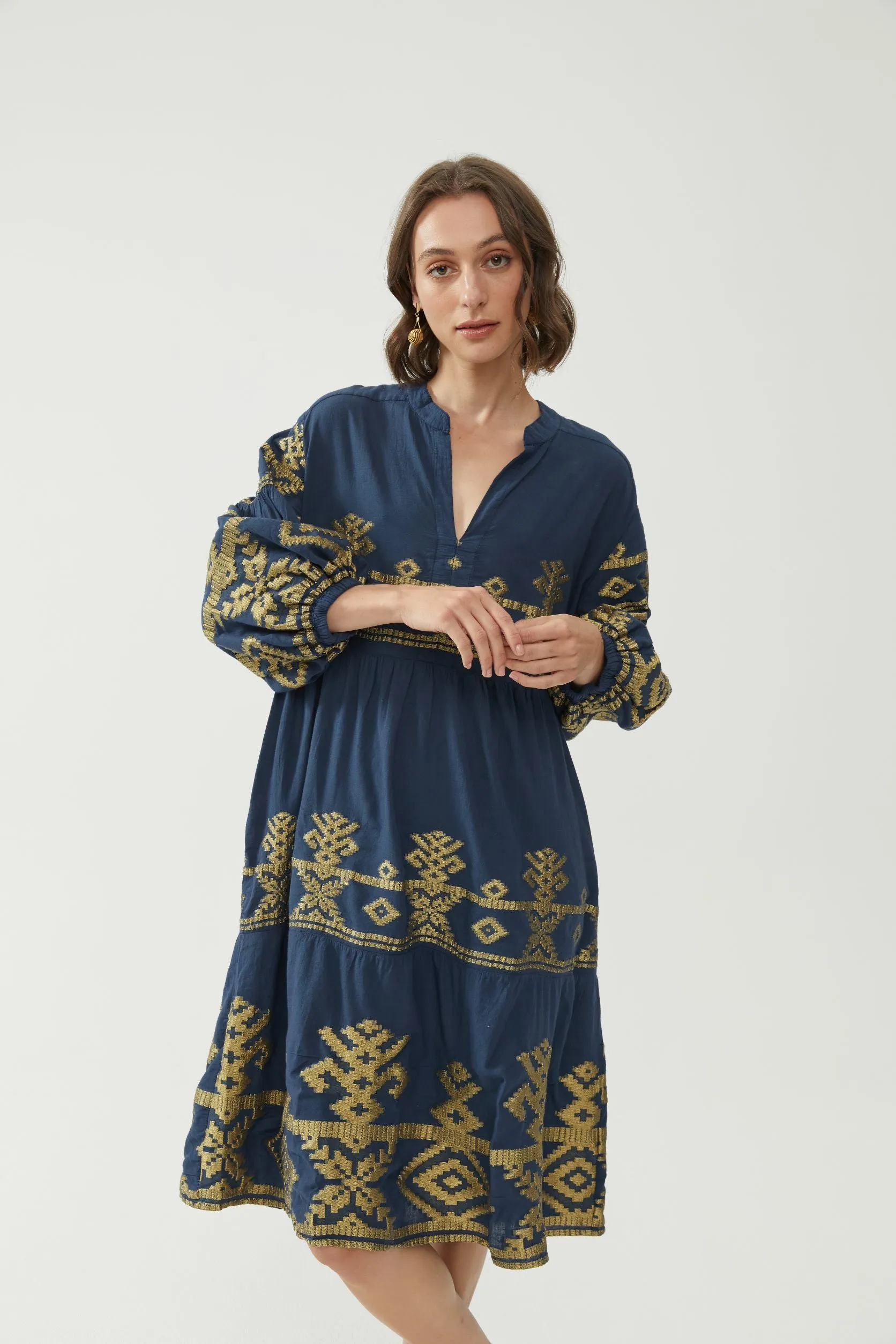 Kiitos Long Carmen Dress - Navy/Gold