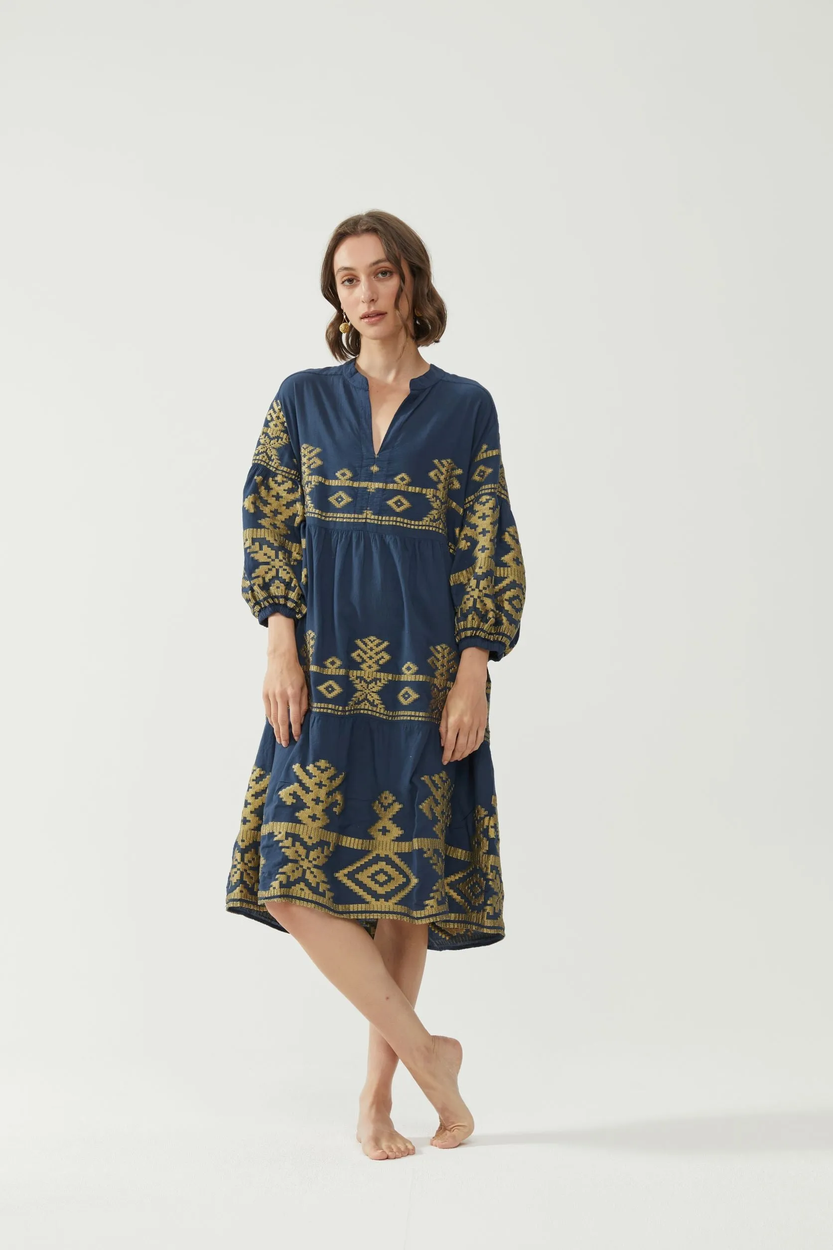 Kiitos Long Carmen Dress - Navy/Gold