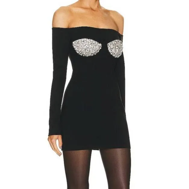 Maryjane Black Crystal-Embroidered Cup Draped Mini Dress