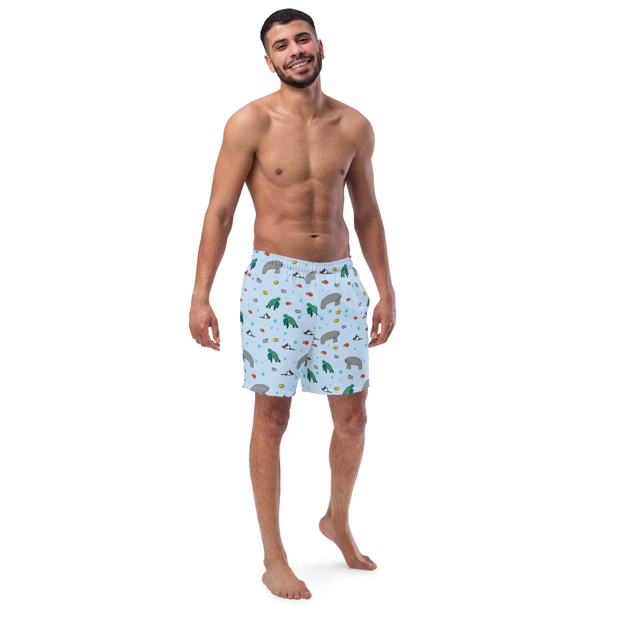 Men's Eco-Friendly Swim Trunks with Manatee and Turtle Print | Quick-Dry Fabric & UPF 50  Protection